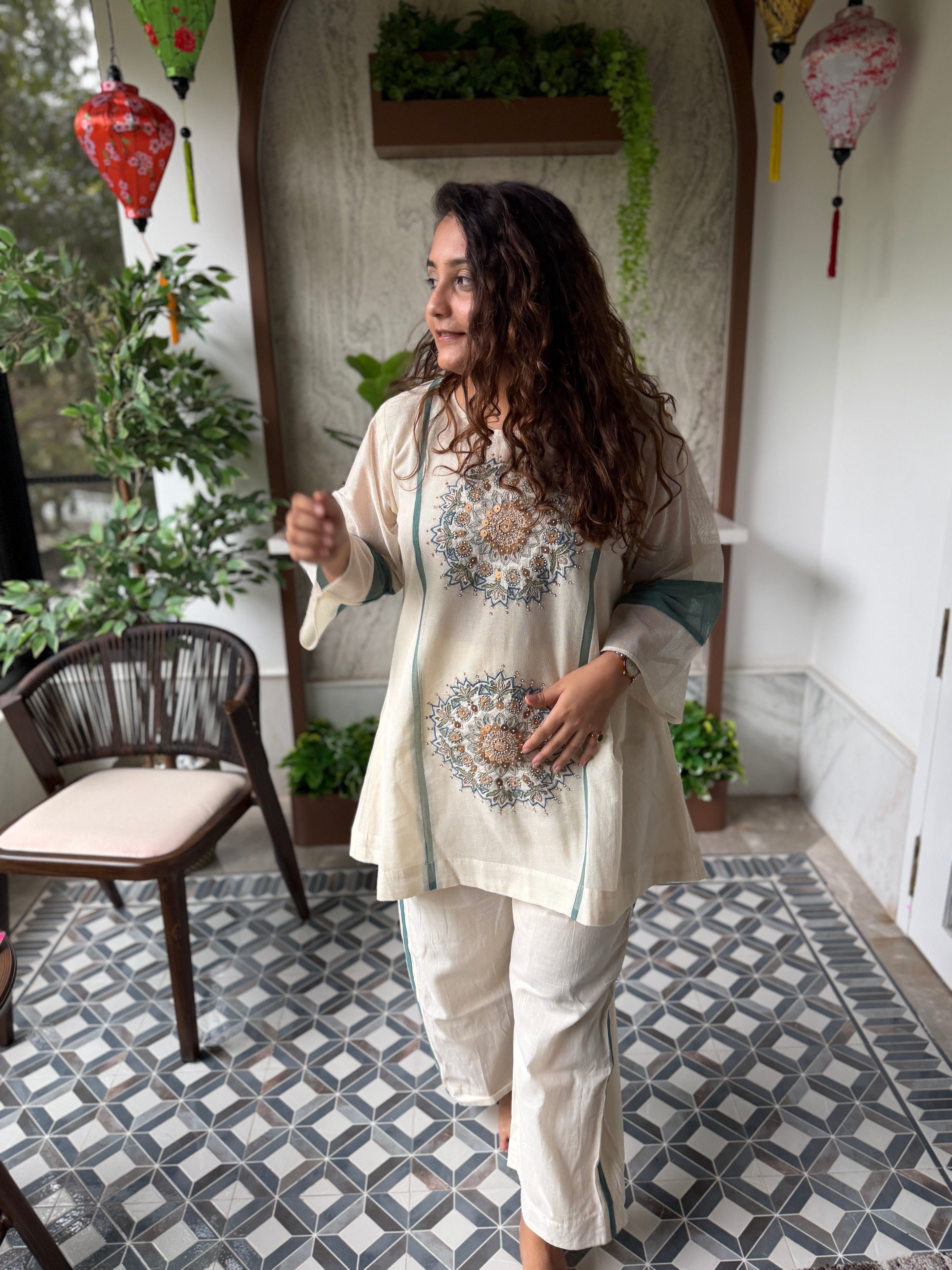 White Co-ord Set with Teal Blue Embroidery & Side Stripe Detailing