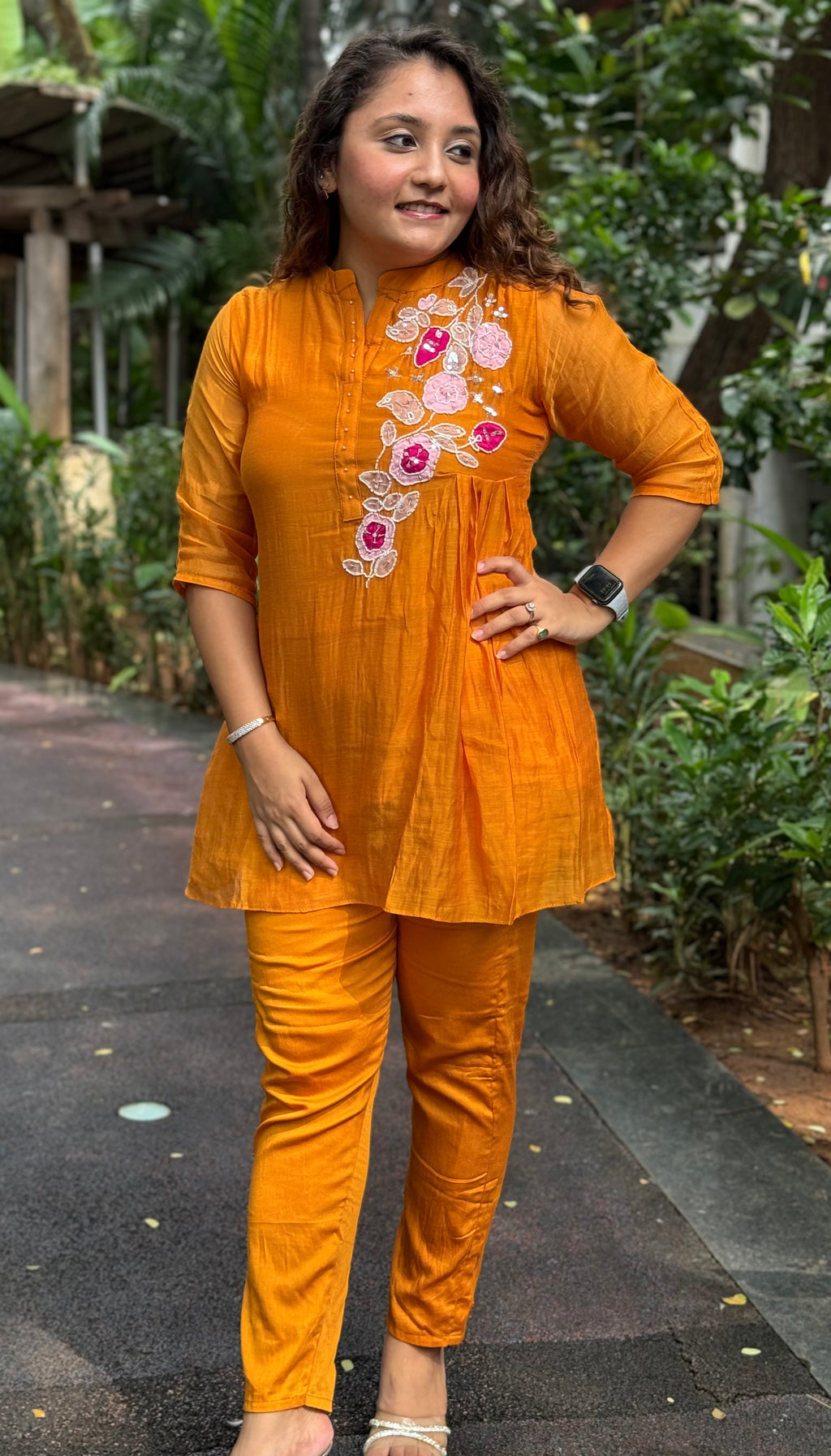 Chanderi Cotton Silk Hand-Embroidered Coord Set - Orange