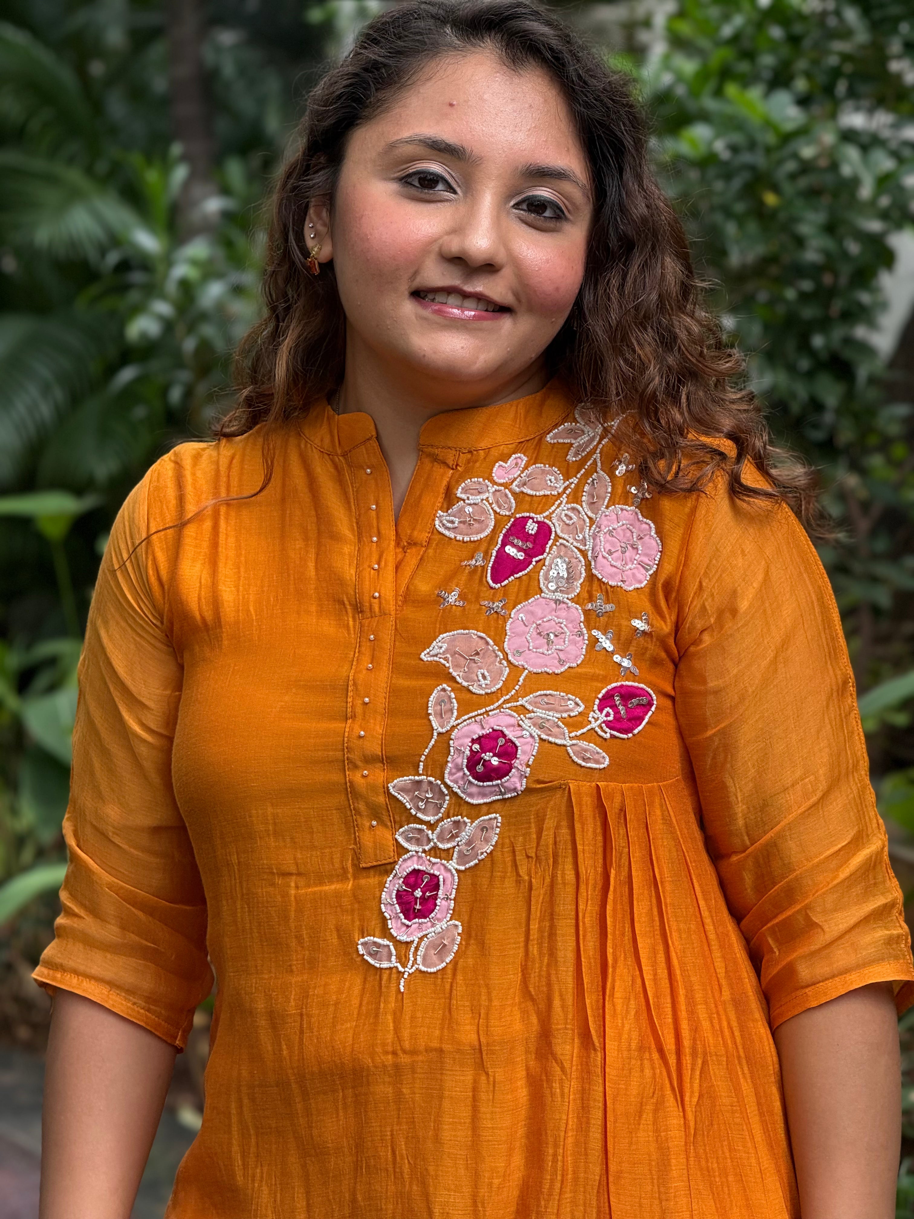 Chanderi Cotton Silk Hand-Embroidered Coord Set - Orange