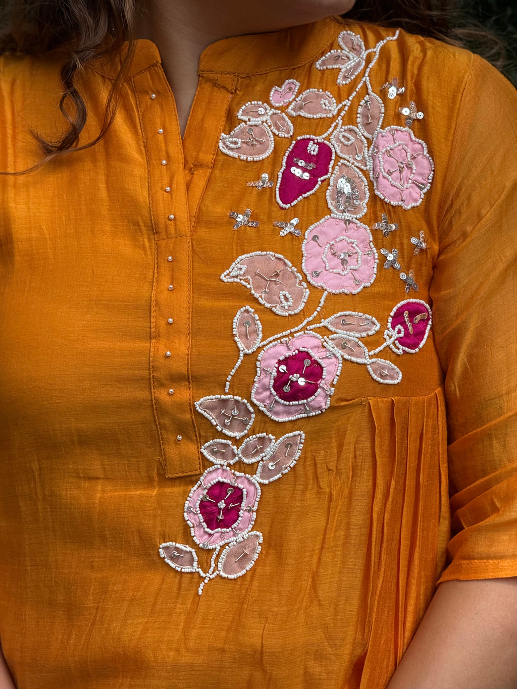 Chanderi Cotton Silk Hand-Embroidered Coord Set - Orange