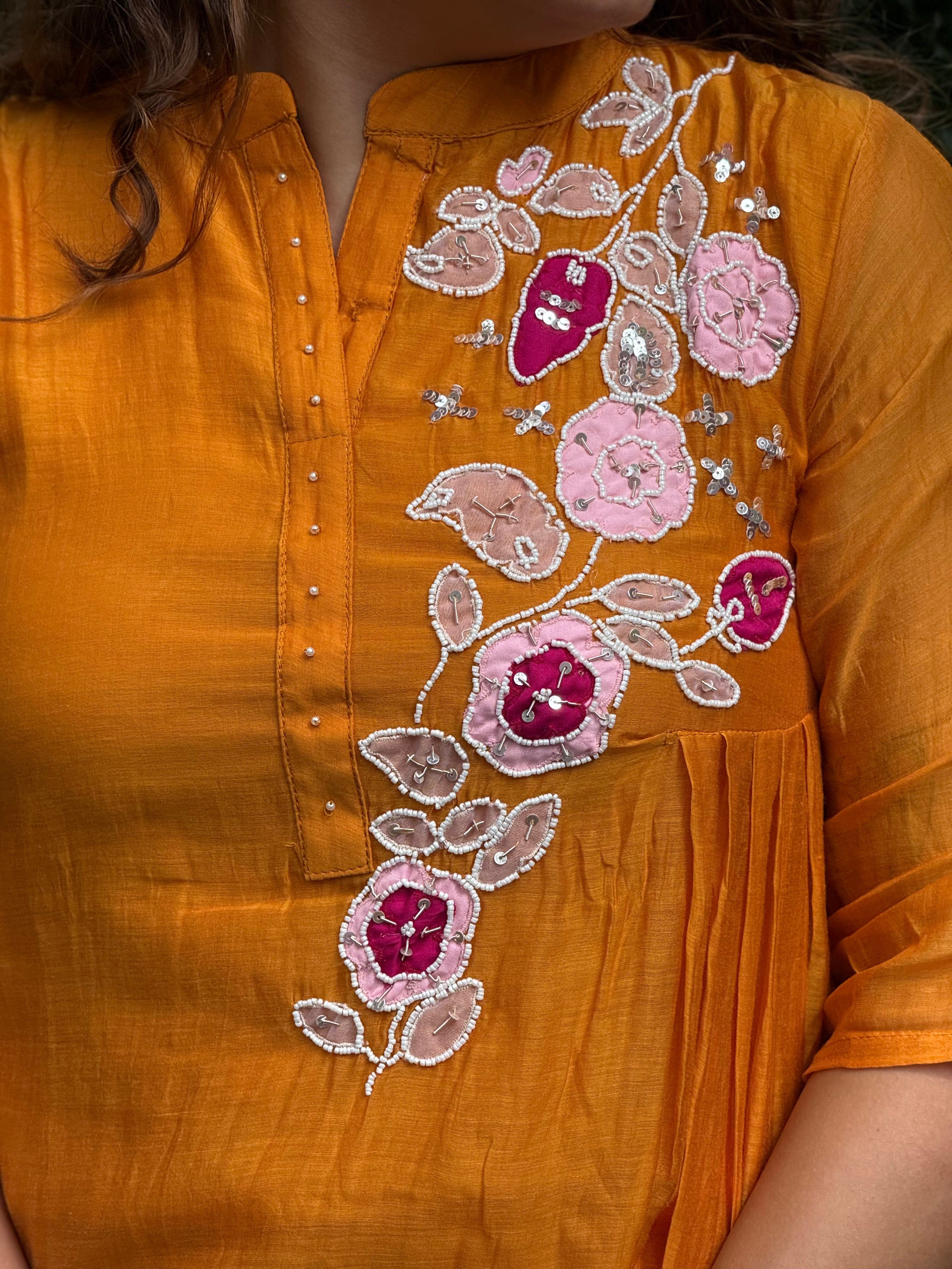 Chanderi Cotton Silk Hand-Embroidered Coord Set - Orange