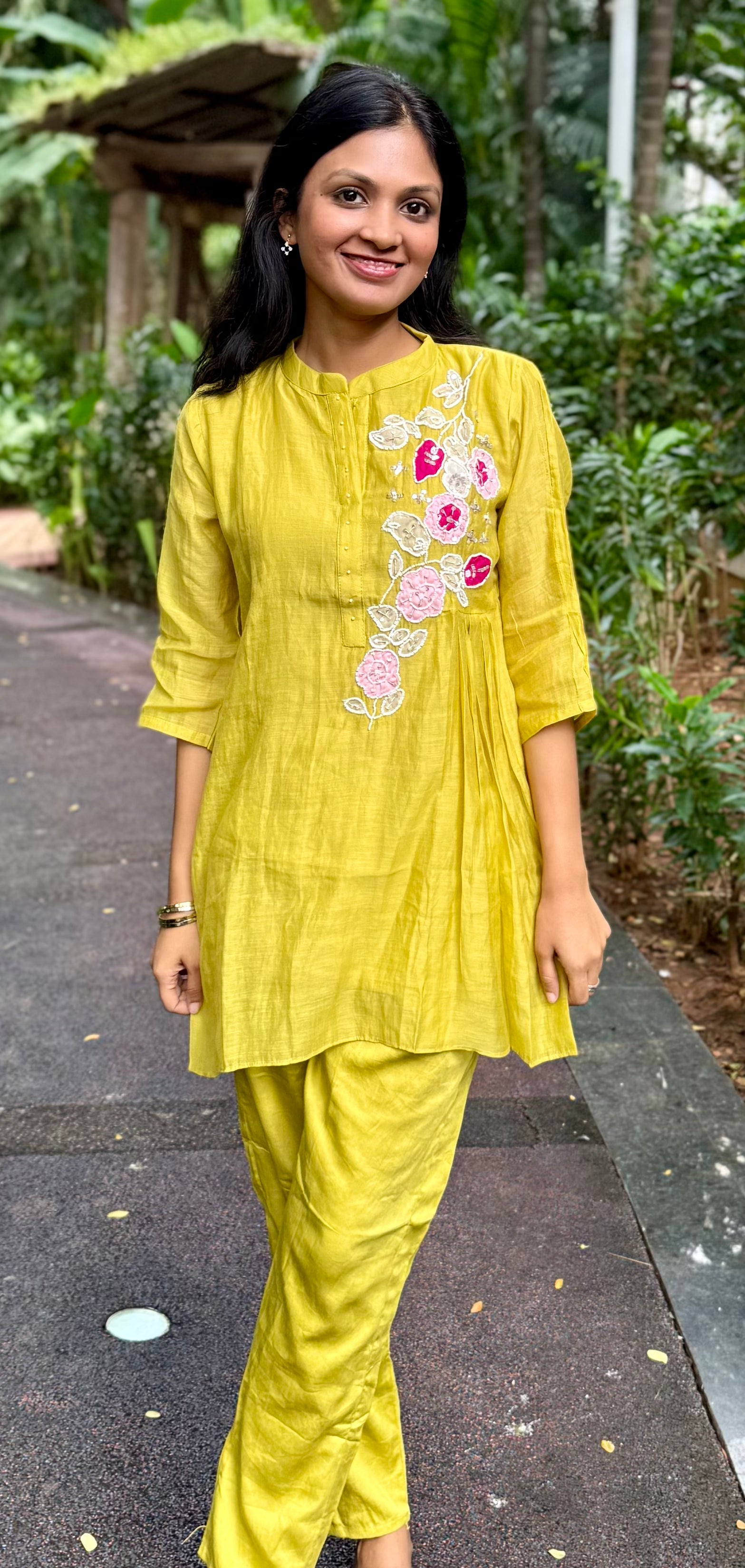 Chanderi Cotton Silk Hand-Embroidered Coord Set - Yellow