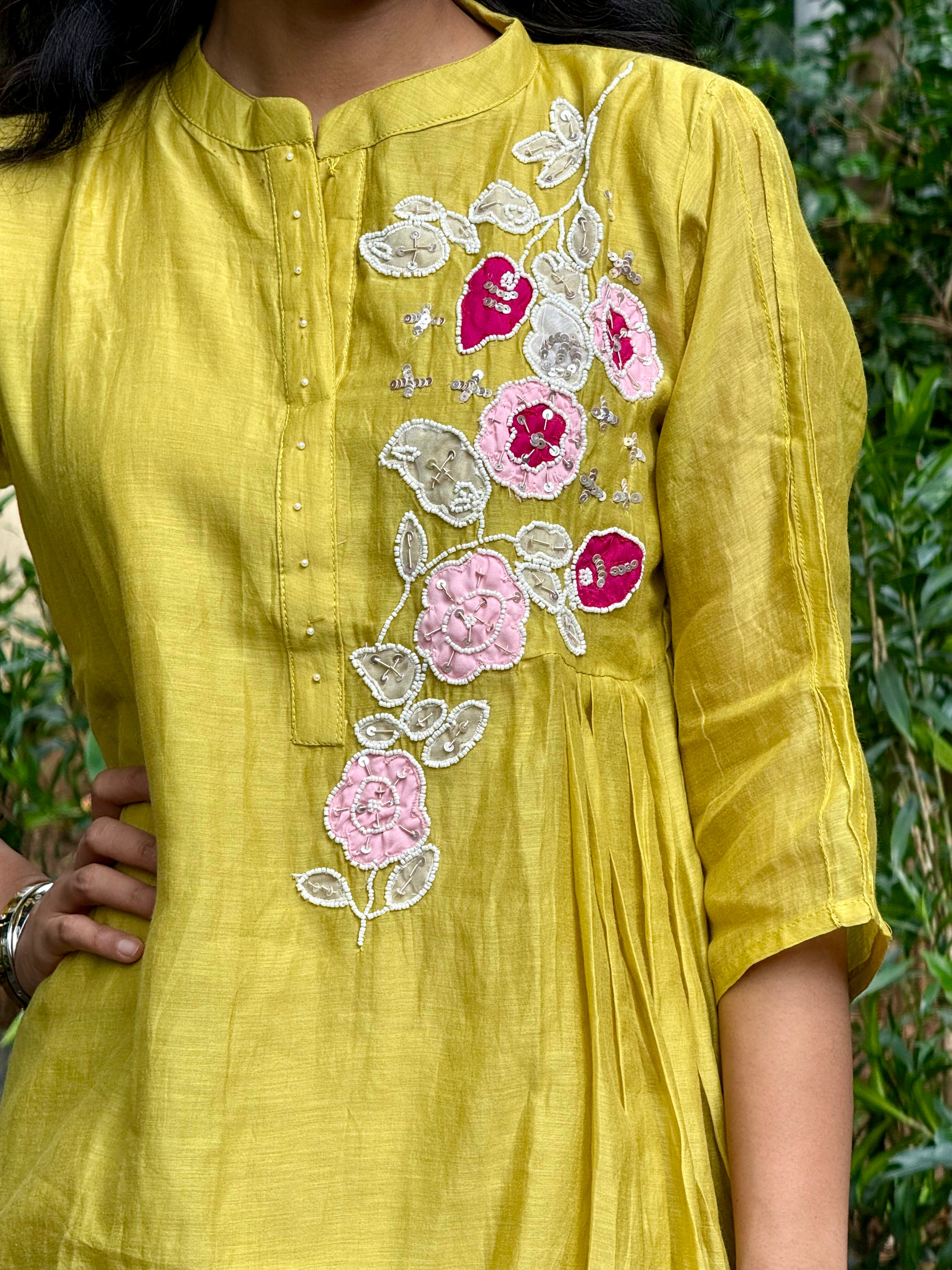 Chanderi Cotton Silk Hand-Embroidered Coord Set - Yellow
