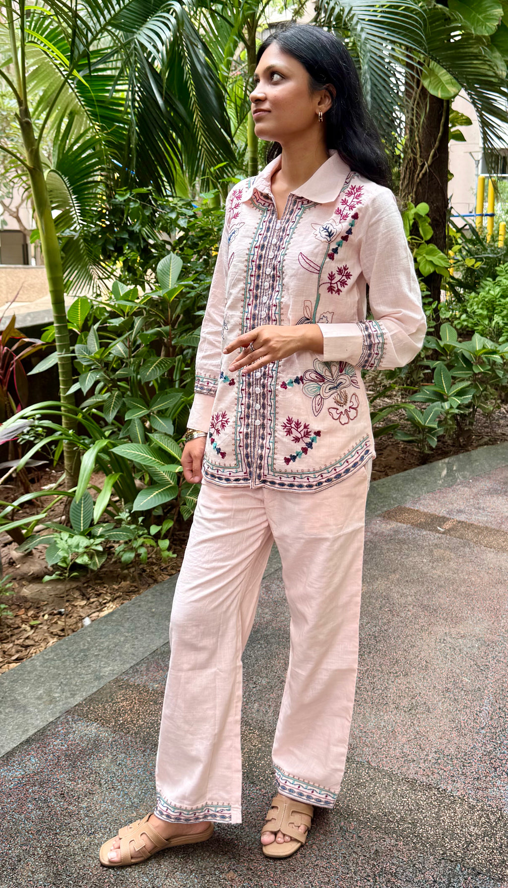 Blush Pink Cotton Floral Embroidered Coord Set