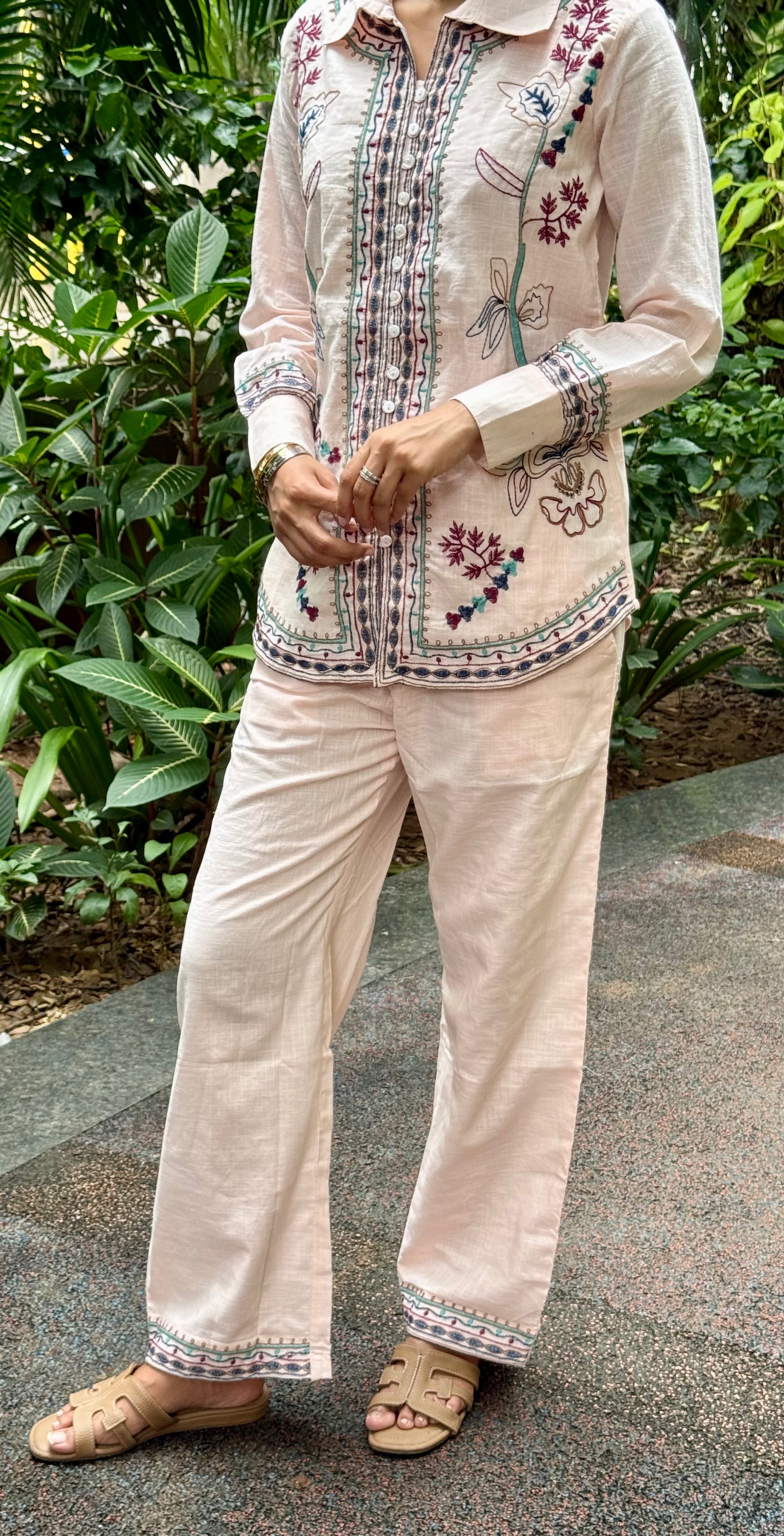 Blush Pink Cotton Floral Embroidered Coord Set