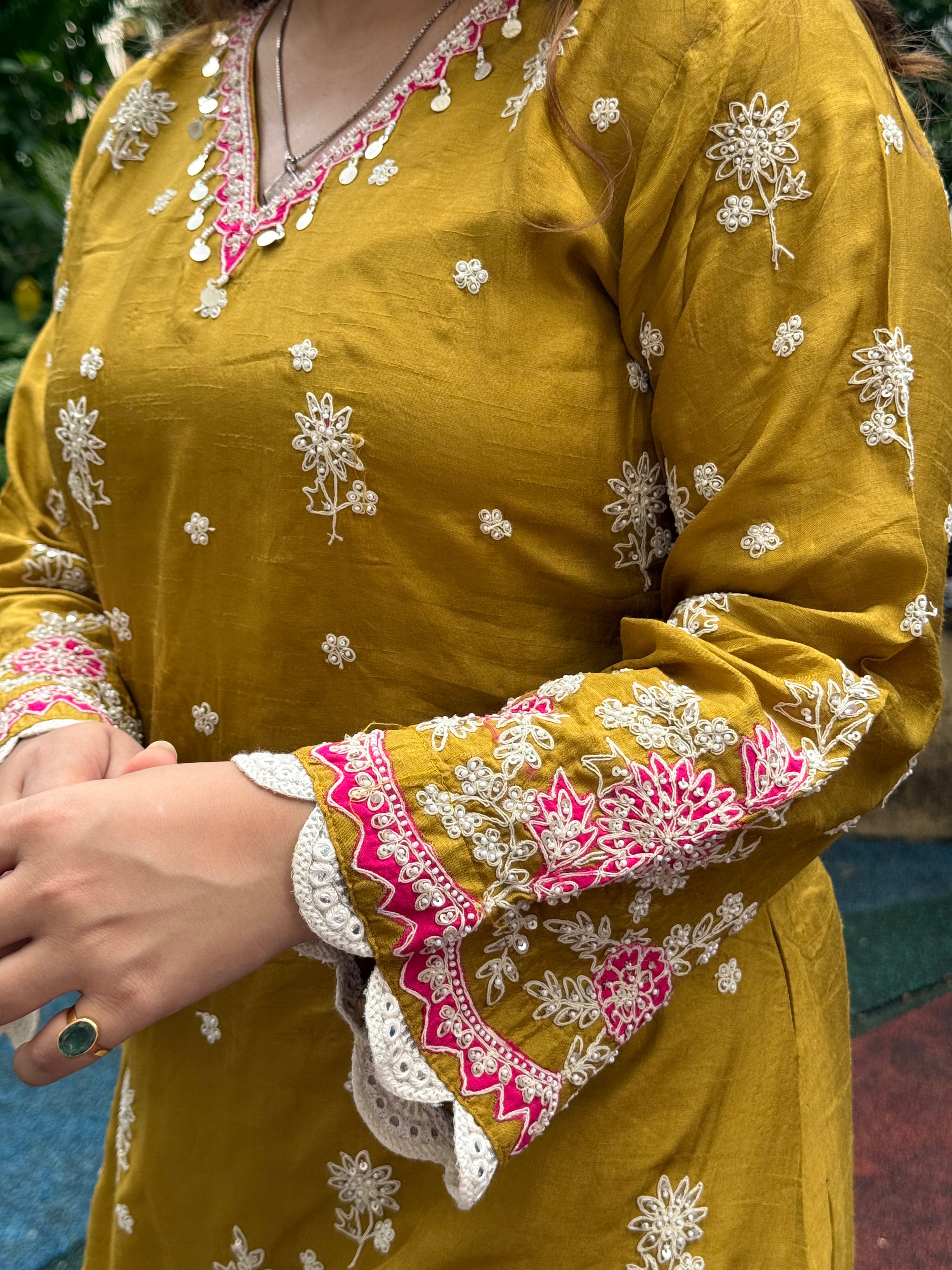 Dolla Silk Heavy Thread Work Coord Set - Mustard Yellow