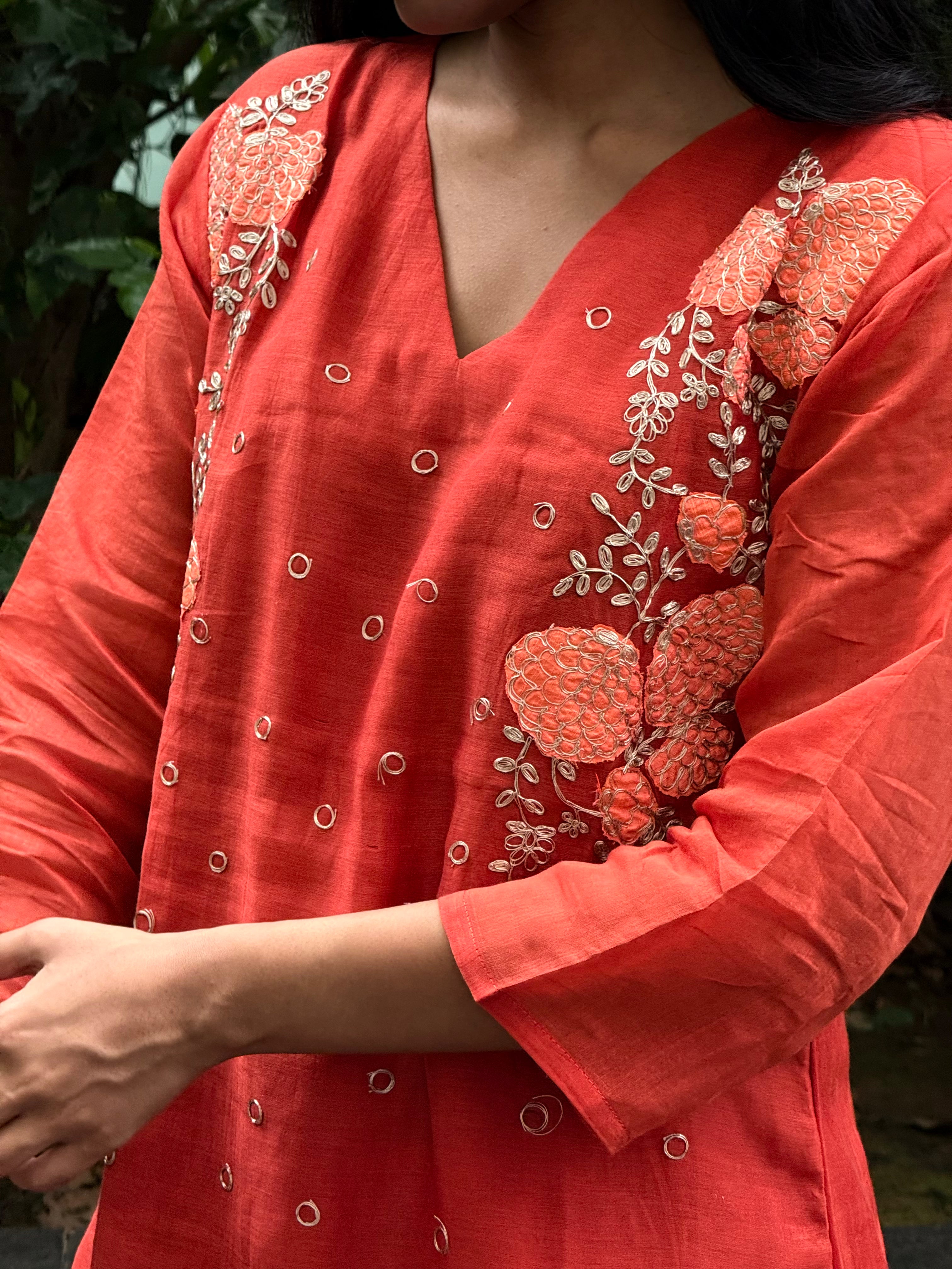 Rusty Chanderi Silk Coord Set with Heavy Side Embroidery