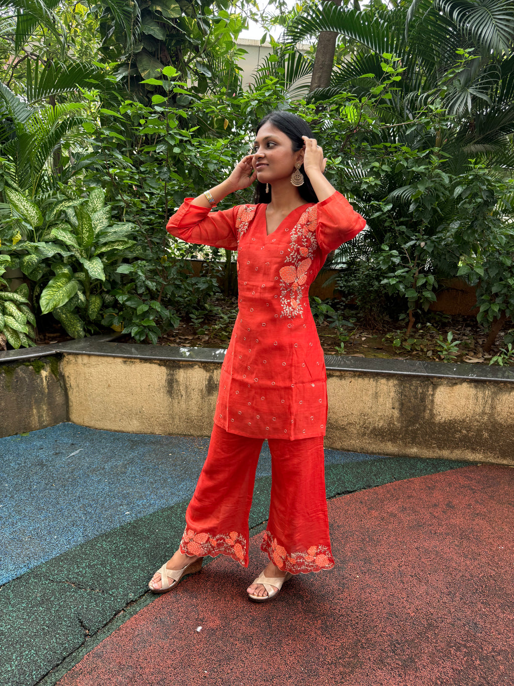 Rusty Chanderi Silk Coord Set with Heavy Side Embroidery