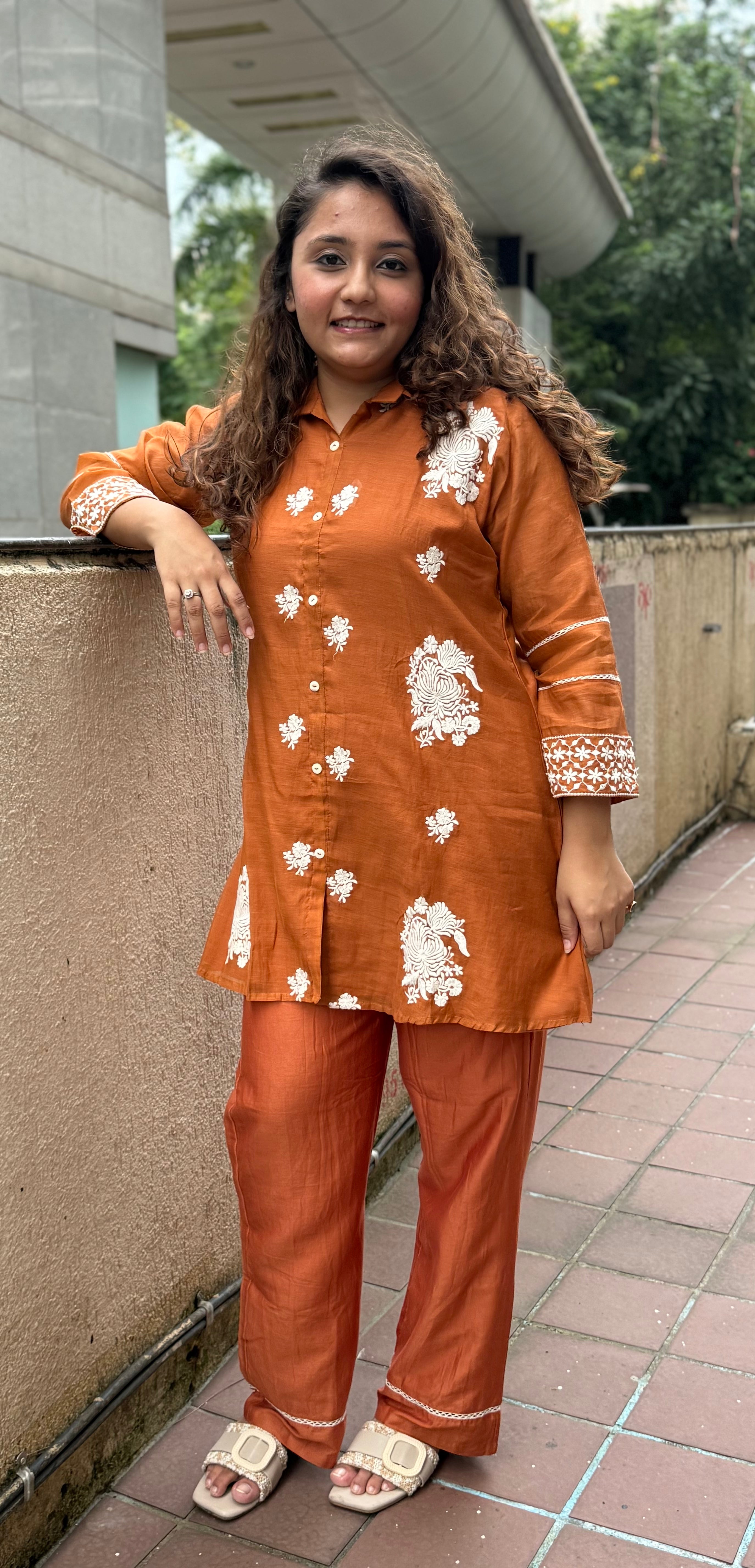 Cotton White Thread Embroidered Coord Set - Rusty Orange