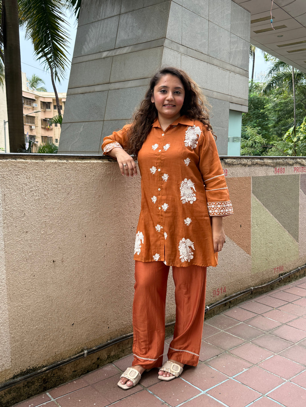 Cotton White Thread Embroidered Coord Set - Rusty Orange