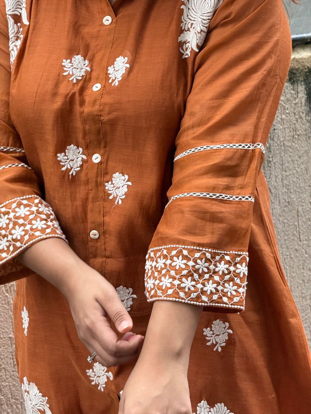 Cotton White Thread Embroidered Coord Set - Rusty Orange