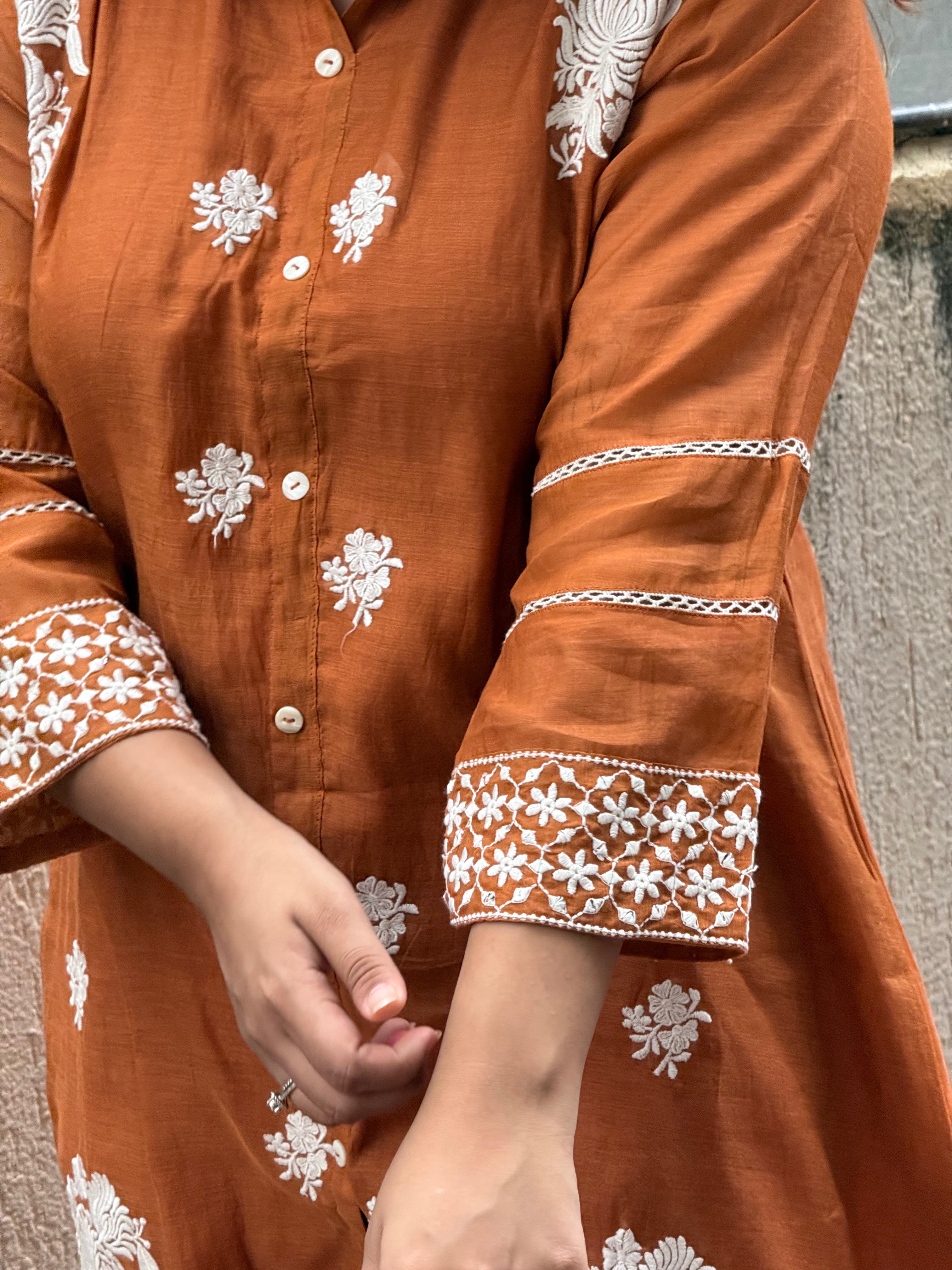 Cotton White Thread Embroidered Coord Set - Rusty Orange