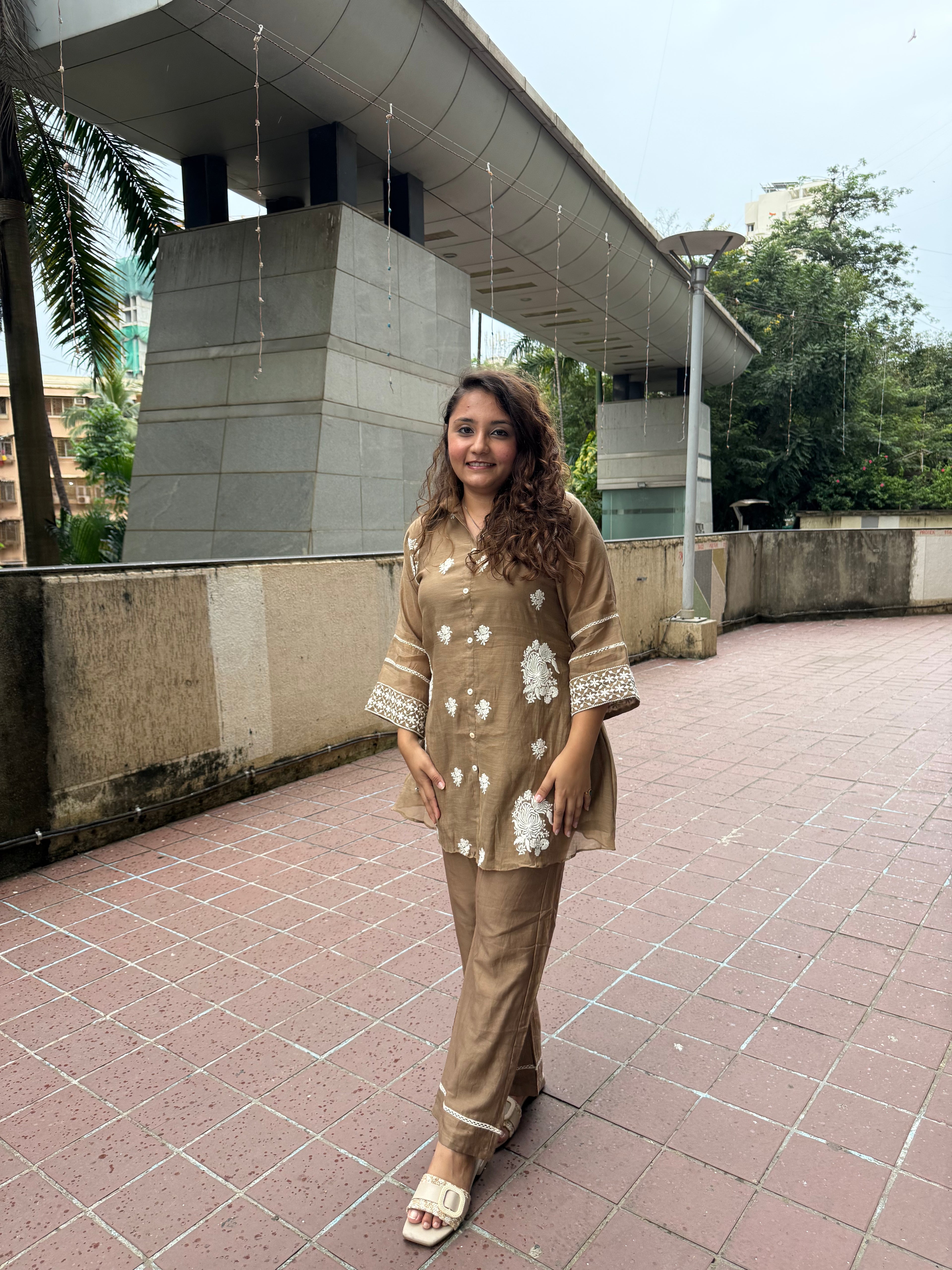 Cotton White Thread Embroidered Coord Set - Brown