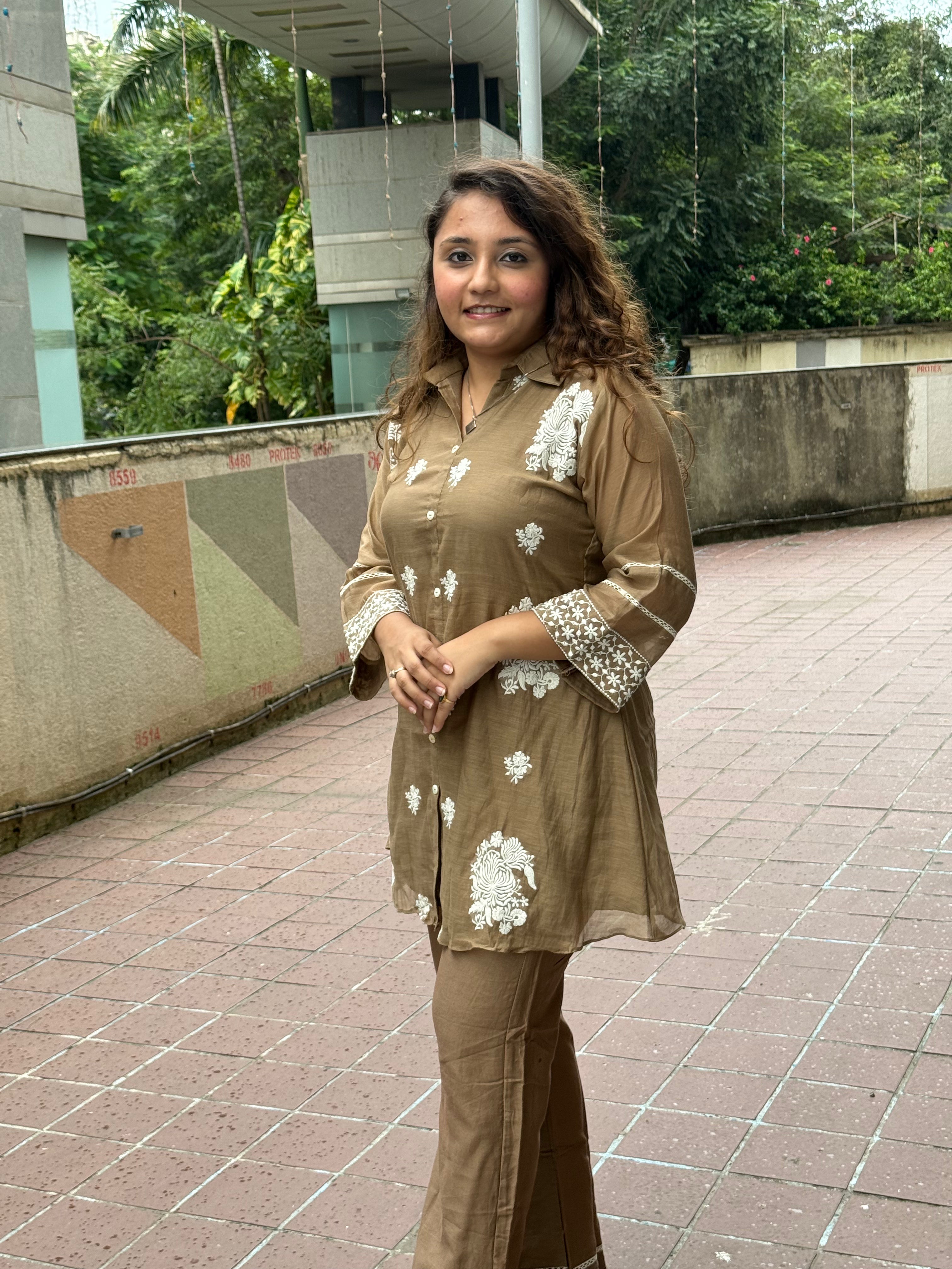 Cotton White Thread Embroidered Coord Set - Brown