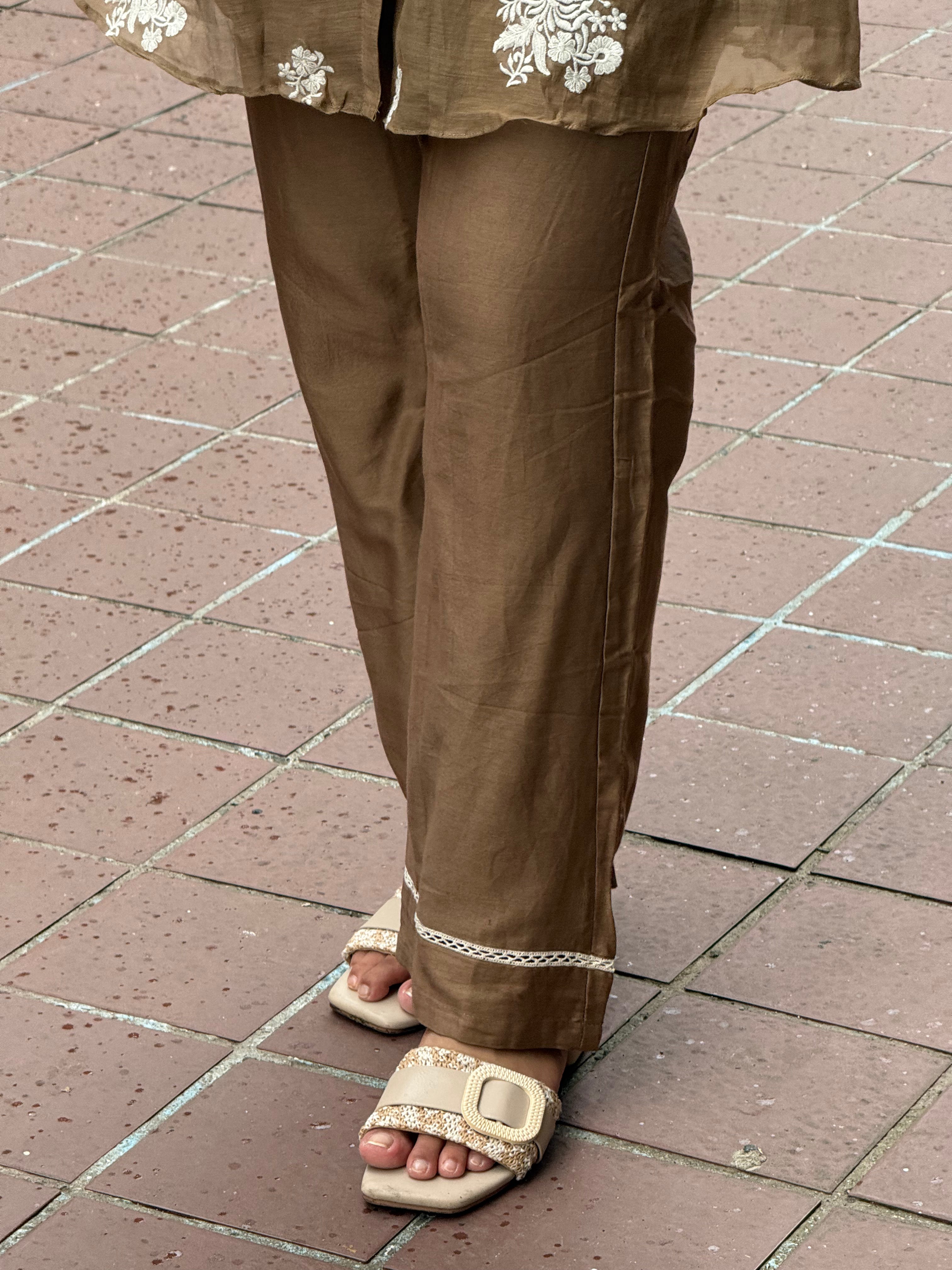 Cotton White Thread Embroidered Coord Set - Brown