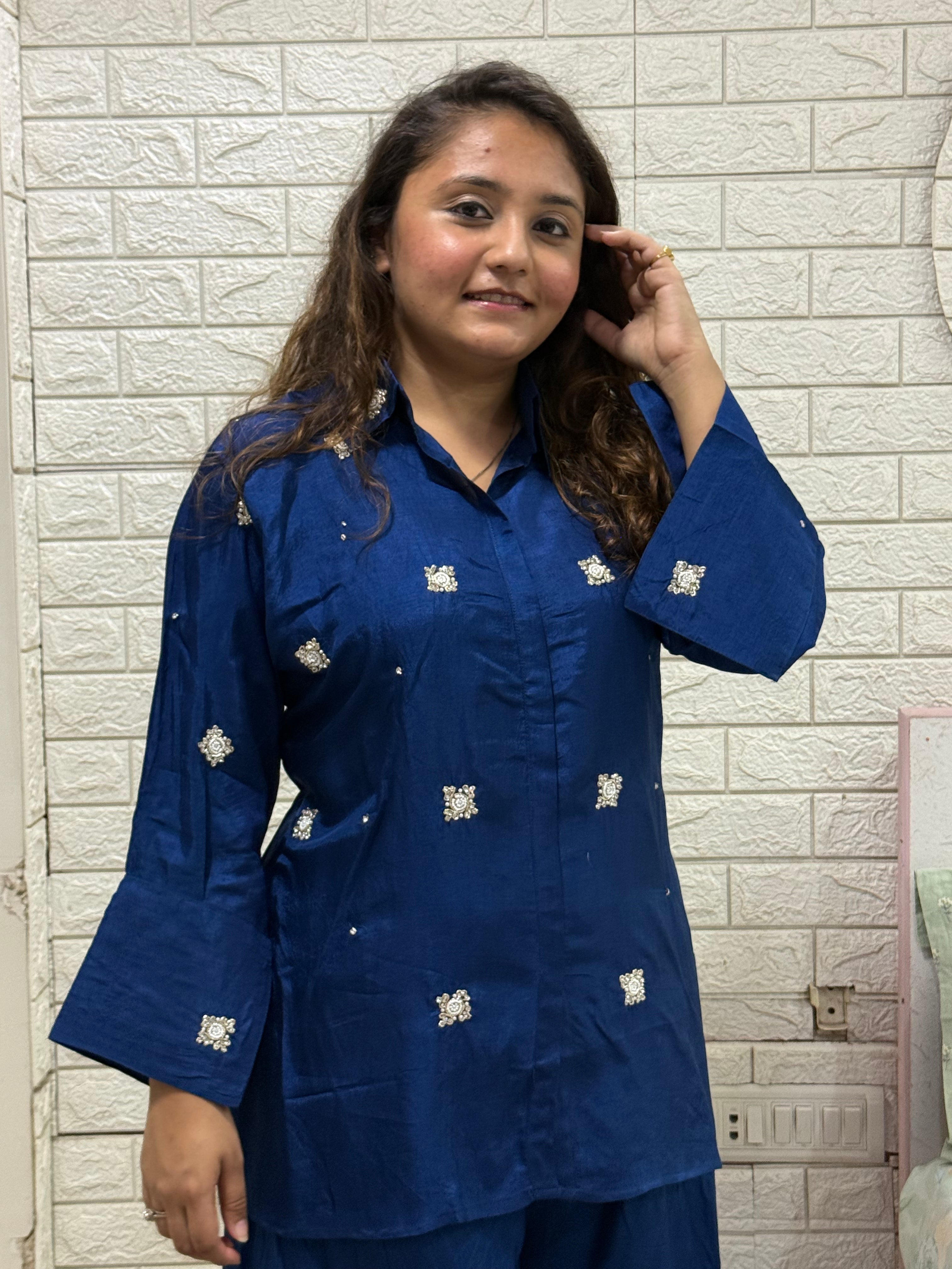 Minimal Work Cotton Silk Coord Set - Blue