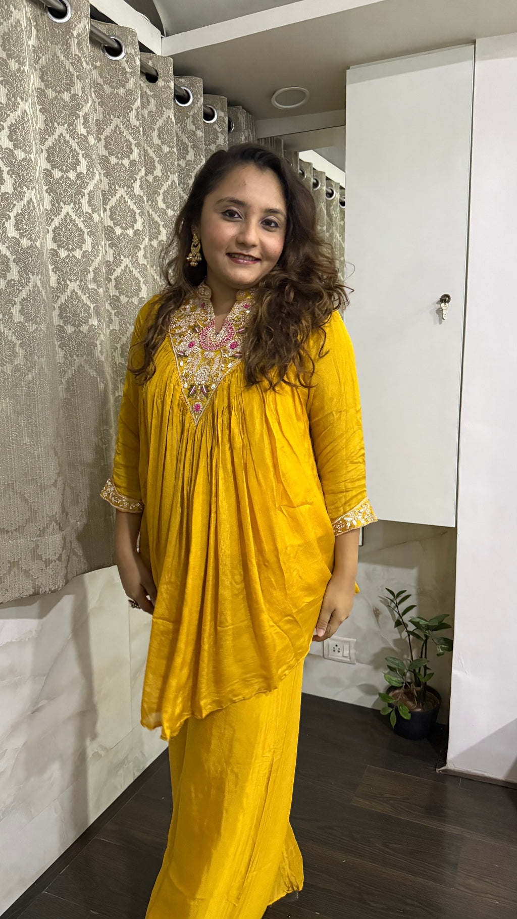 Sunshine Yellow Crepe Front-Embroidered Coord Set