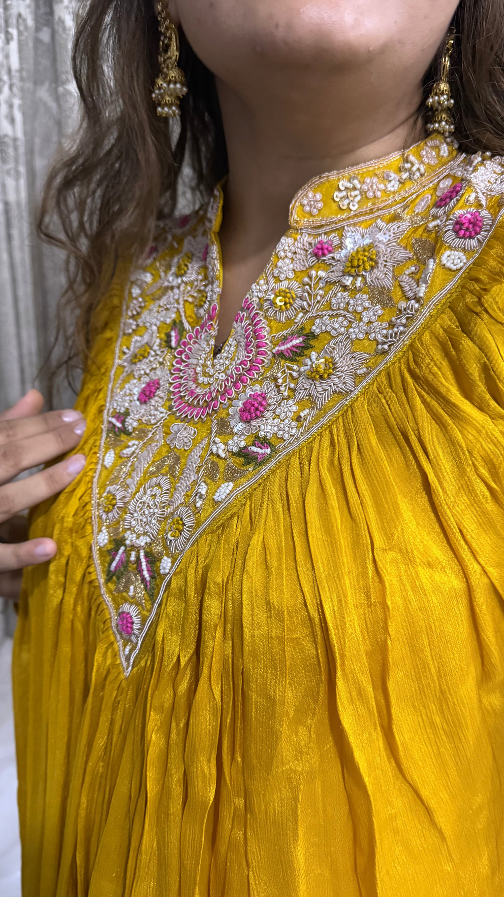 Sunshine Yellow Crepe Front-Embroidered Coord Set