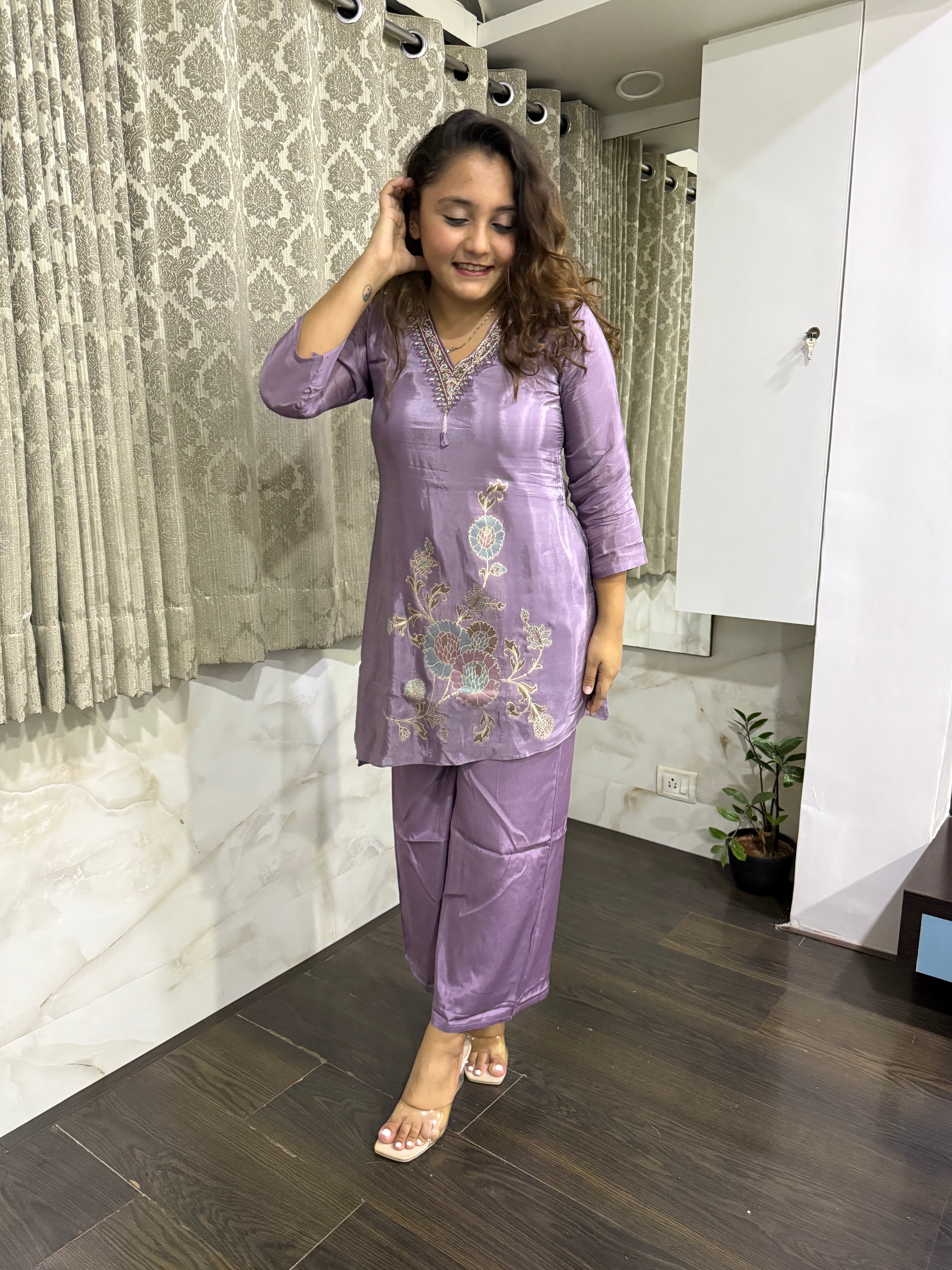 Purple Embossed Glitter Work Coord Set