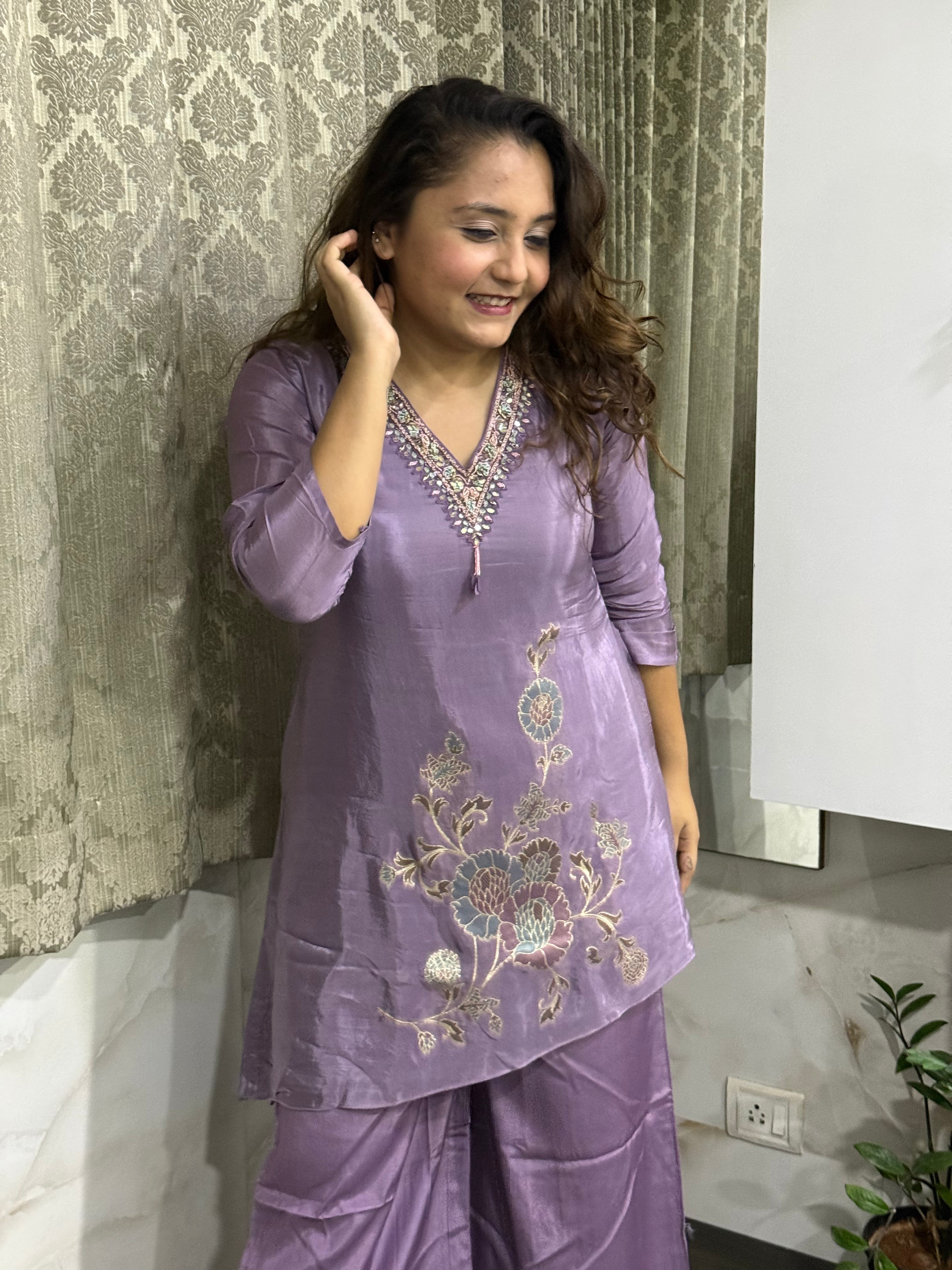 Purple Embossed Glitter Work Coord Set