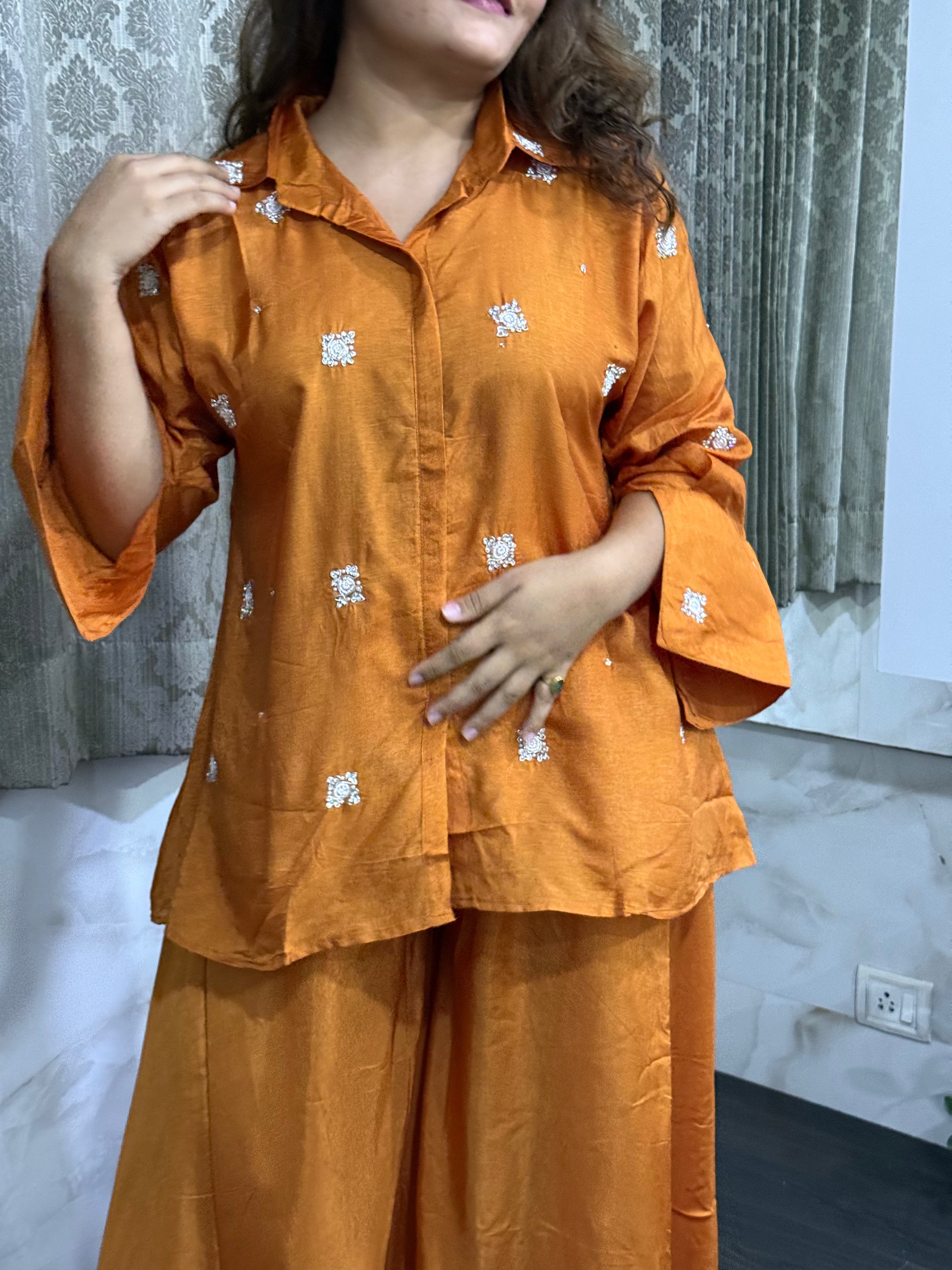 Minimal Work Cotton Silk Coord Set - Warm Orange