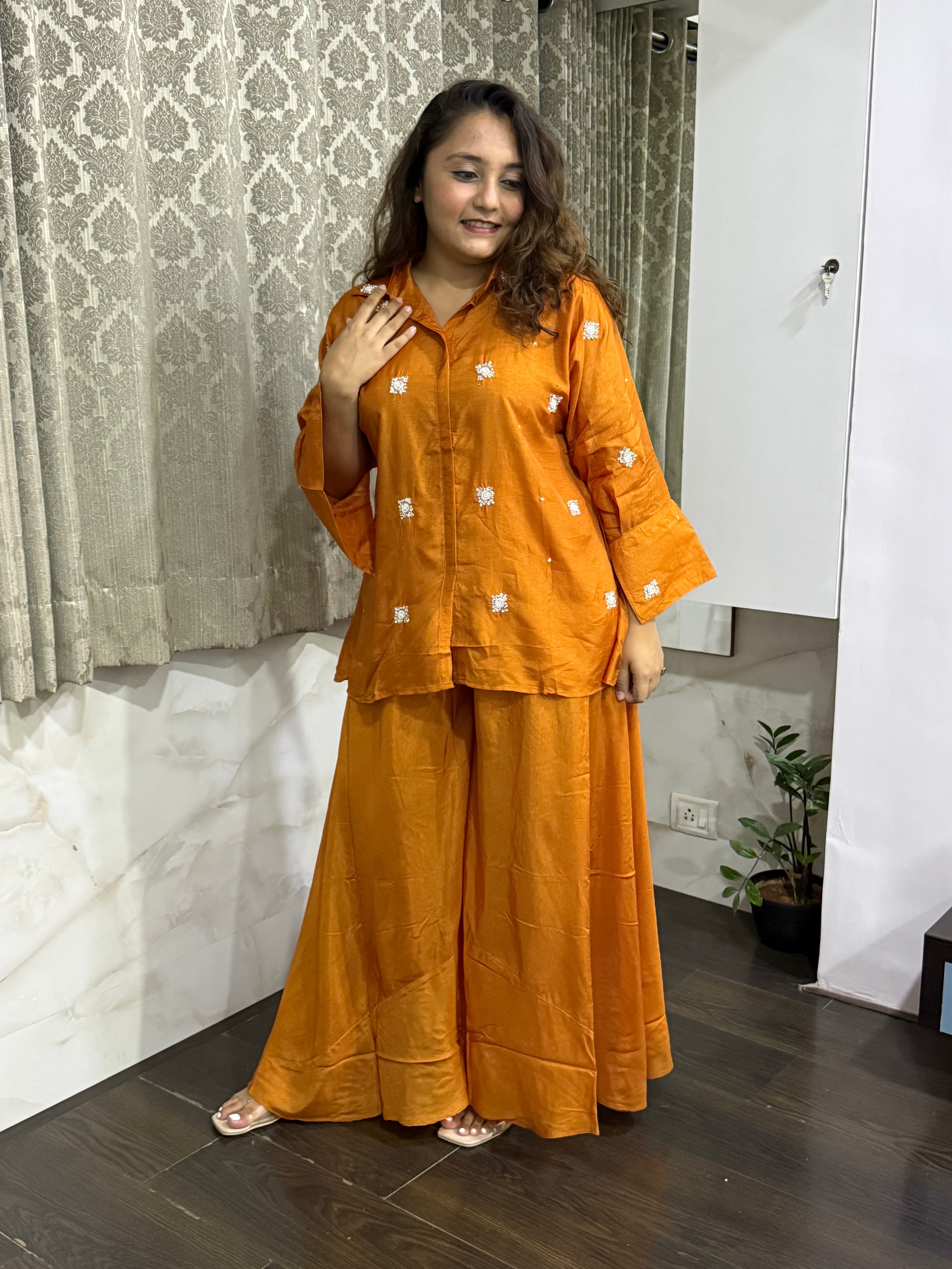 Minimal Work Cotton Silk Coord Set - Warm Orange