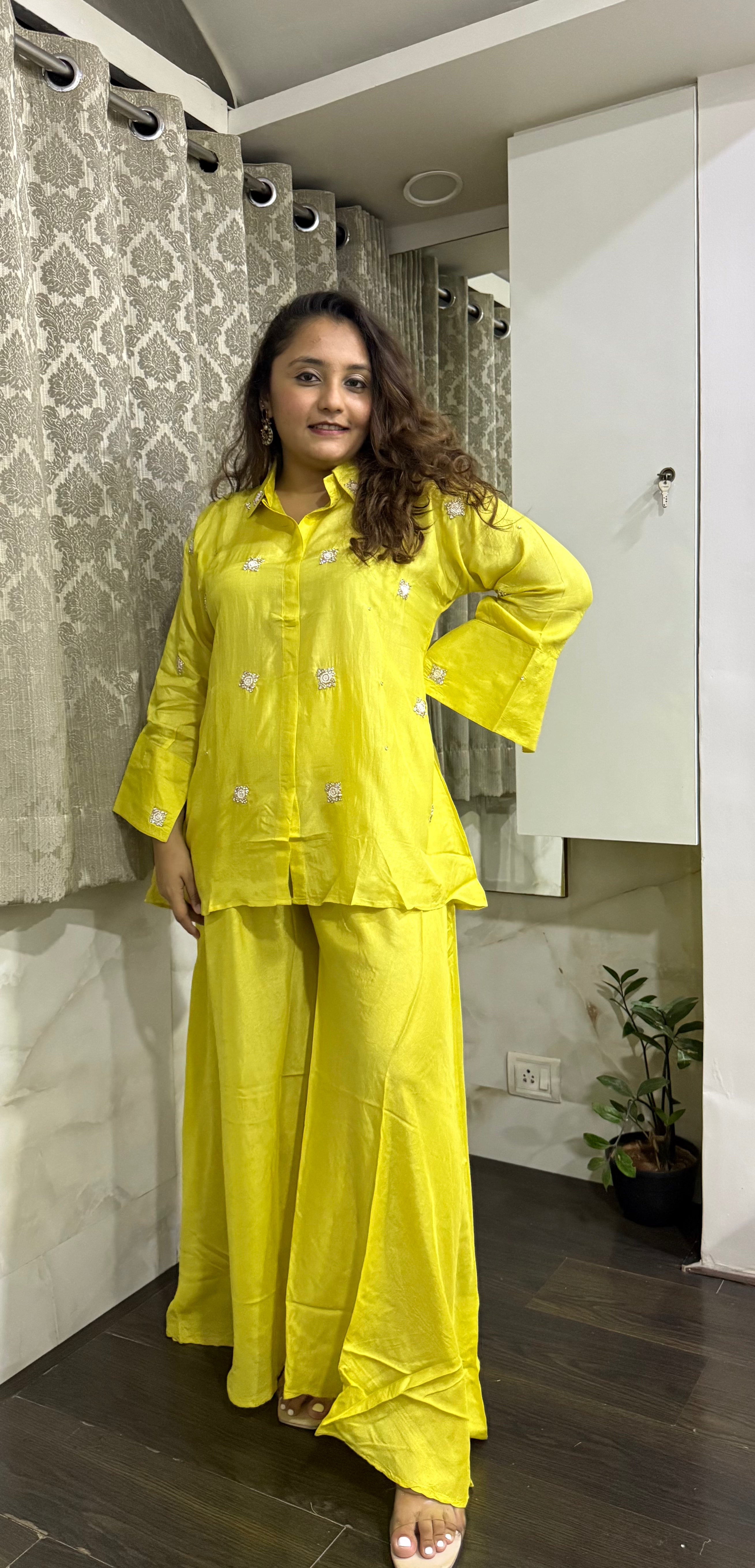 Minimal Work Cotton Silk Coord Set - Yellow