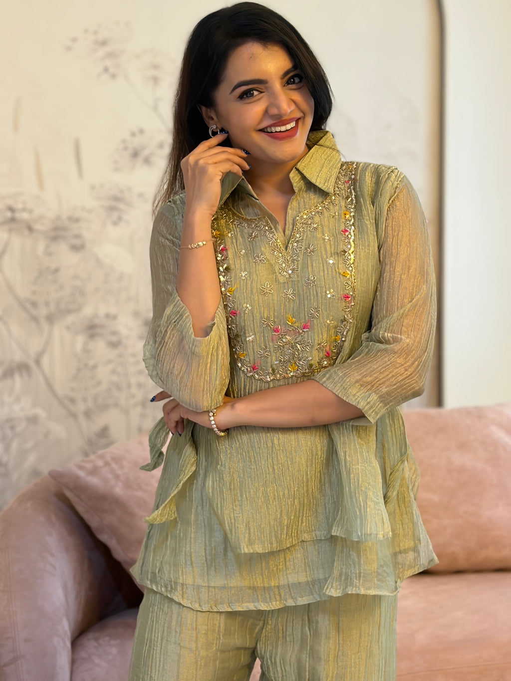 Sage Green Embroidered Tie-Up Coord Set