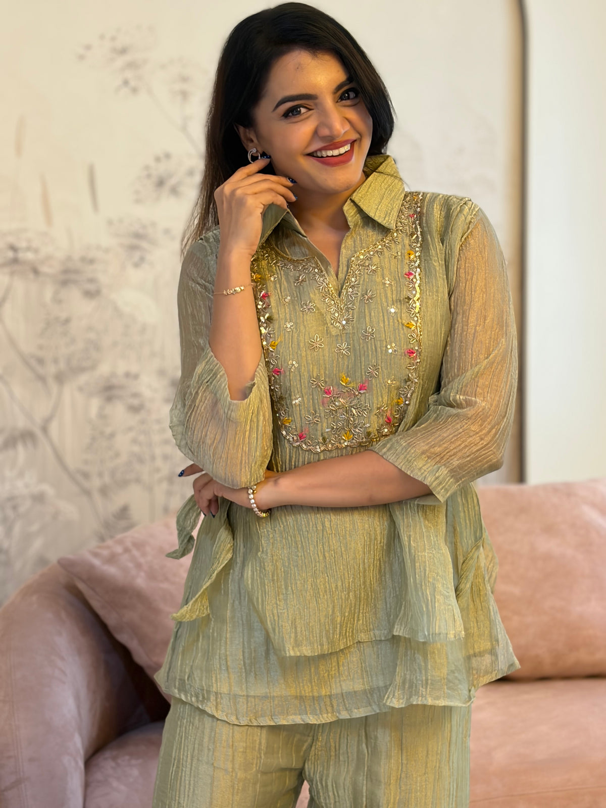 Sage Green Embroidered Tie-Up Coord Set