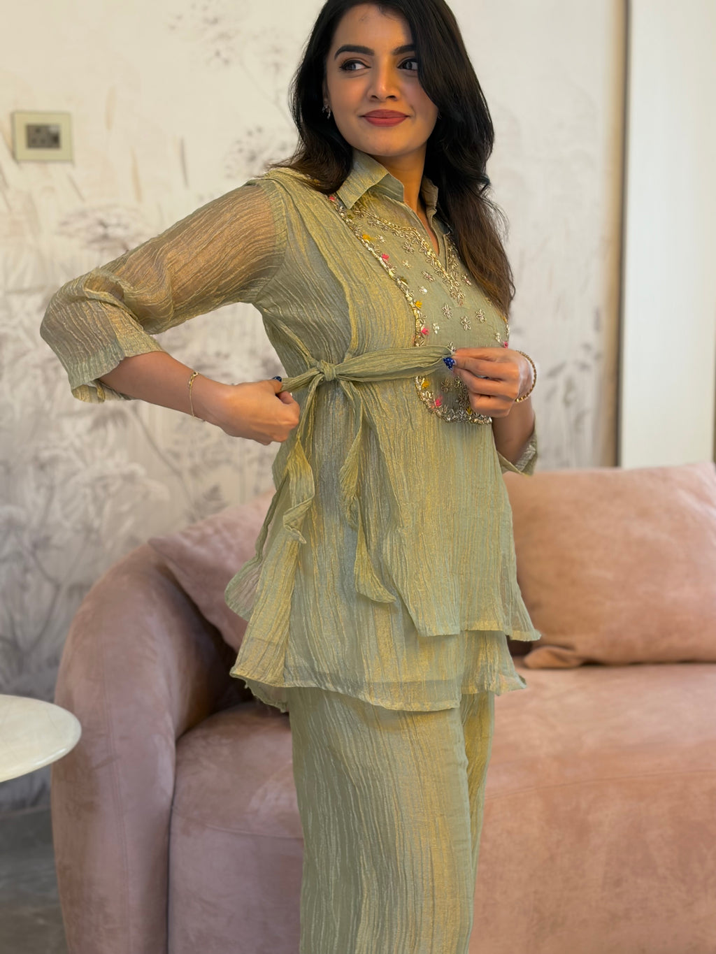 Sage Green Embroidered Tie-Up Coord Set