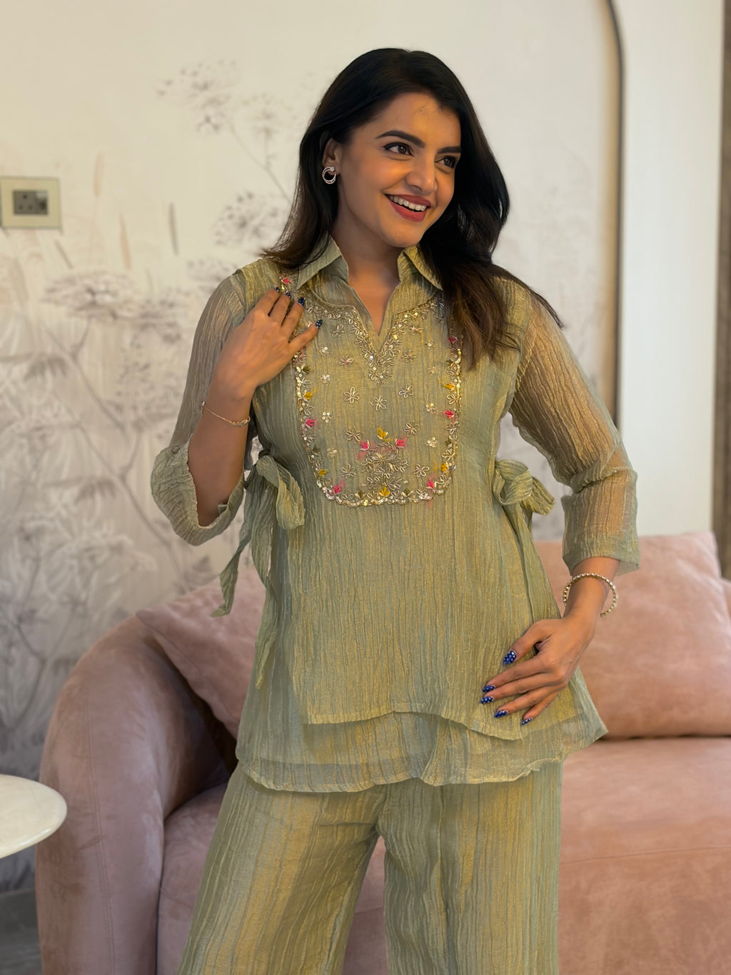 Sage Green Embroidered Tie-Up Coord Set