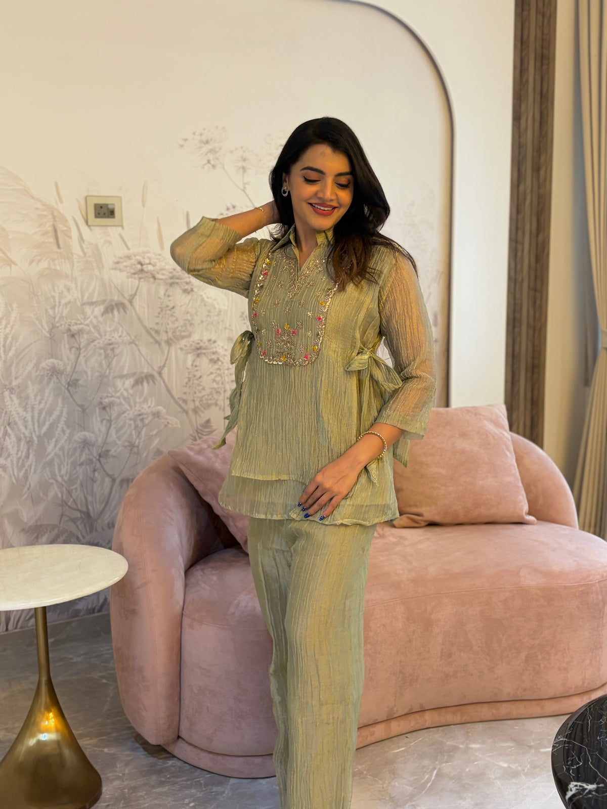 Sage Green Embroidered Tie-Up Coord Set