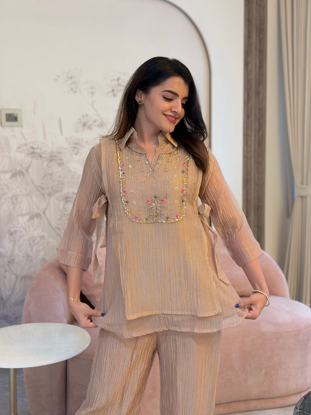 Champagne Beige Embroidered Tie-Up Coord Set