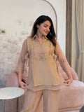 Champagne Beige Embroidered Tie-Up Coord Set