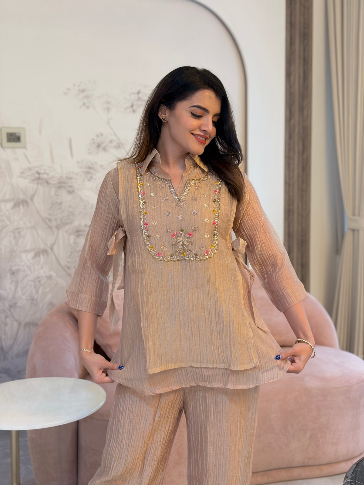 Champagne Beige Embroidered Tie-Up Coord Set