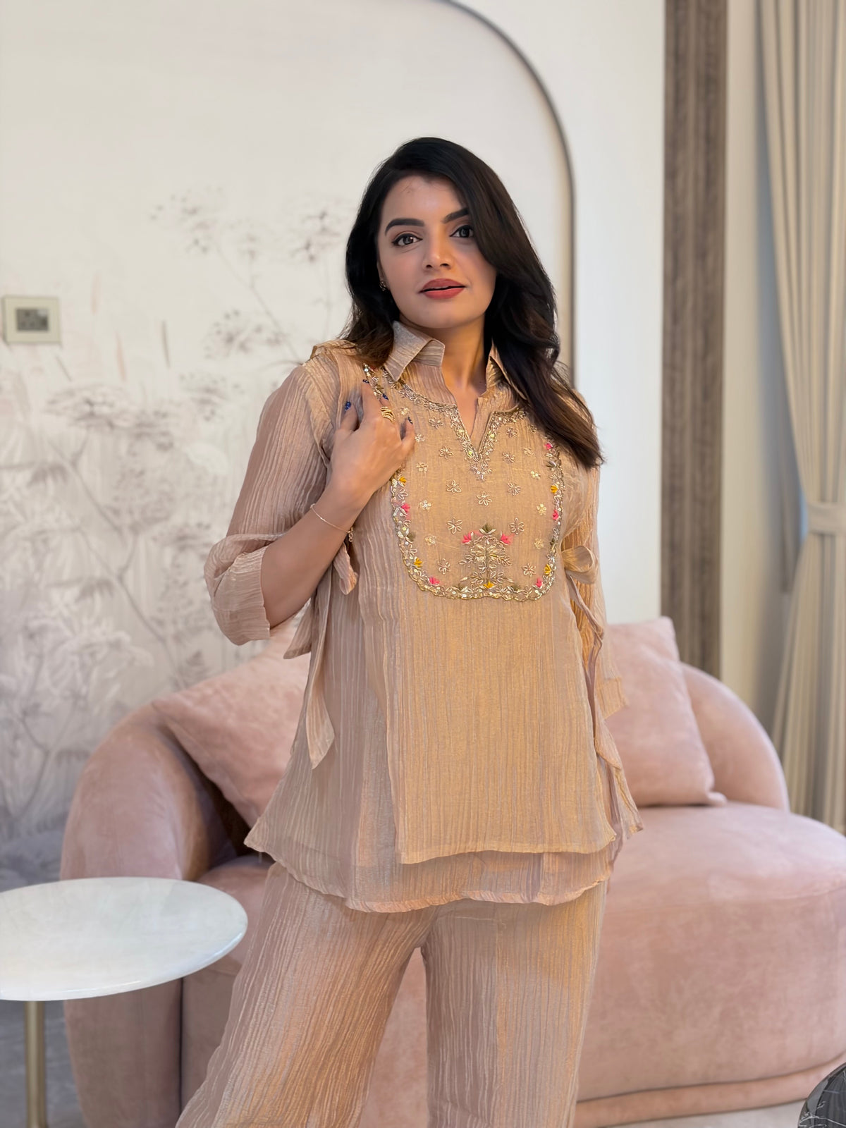 Champagne Beige Embroidered Tie-Up Coord Set