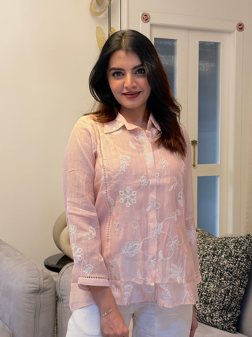 Blush Pink Floral Embroidered Shirt Set