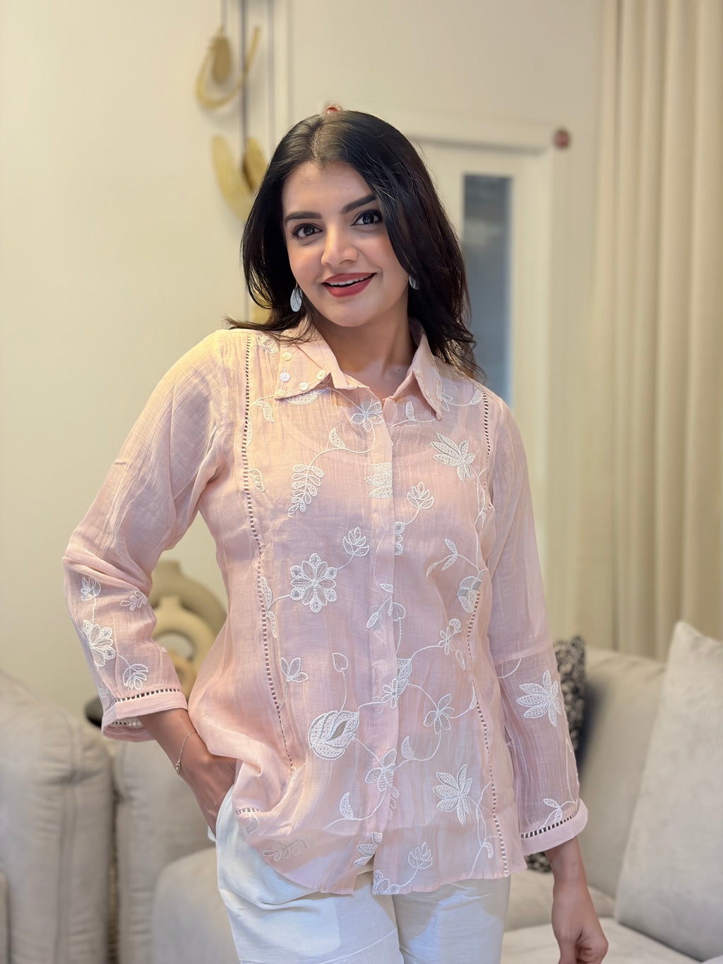 Blush Pink Floral Embroidered Shirt Set