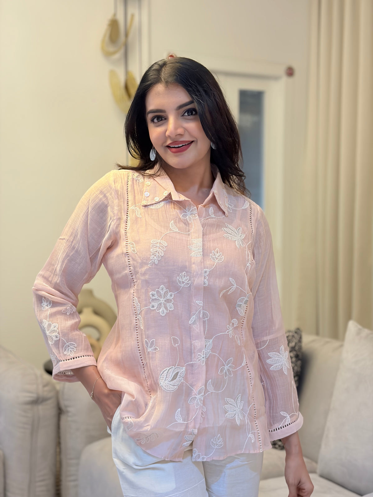 Blush Pink Floral Embroidered Shirt Set
