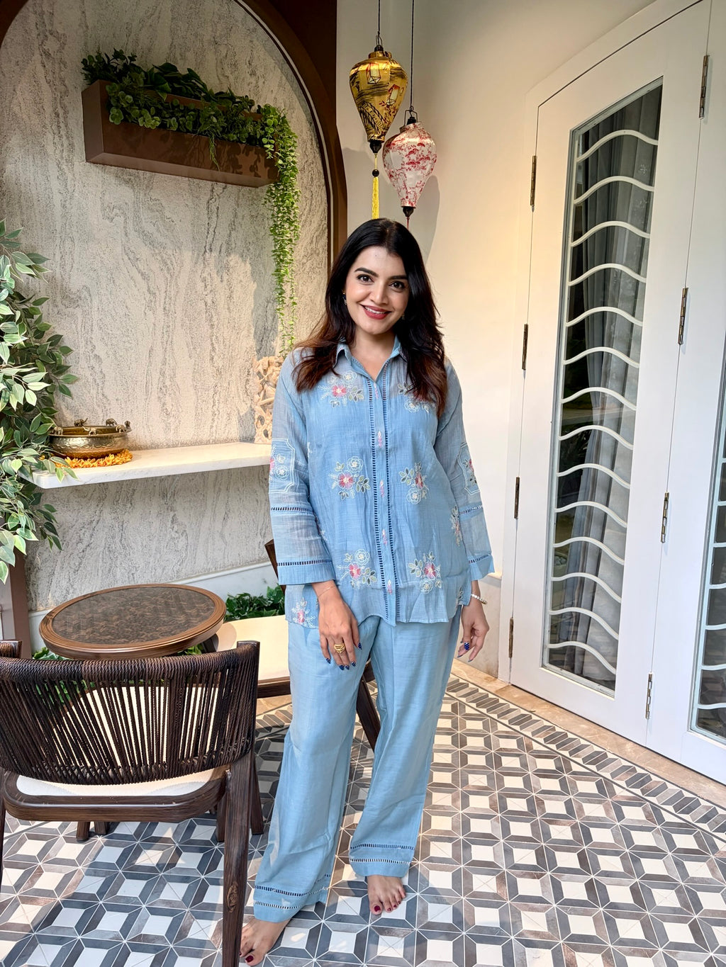 Powder Blue Floral Embroidered Shirt Coord Set