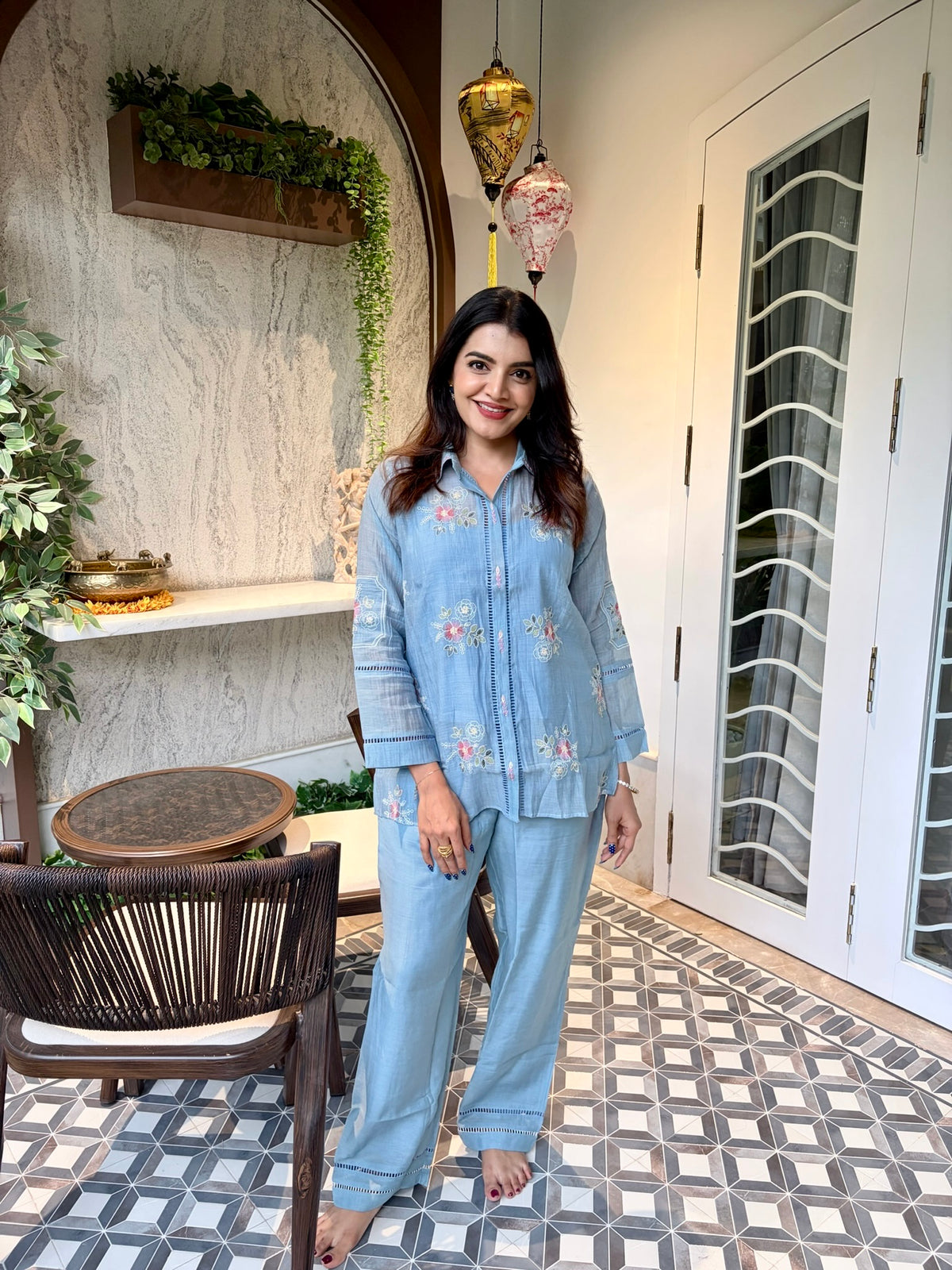 Powder Blue Floral Embroidered Shirt Coord Set