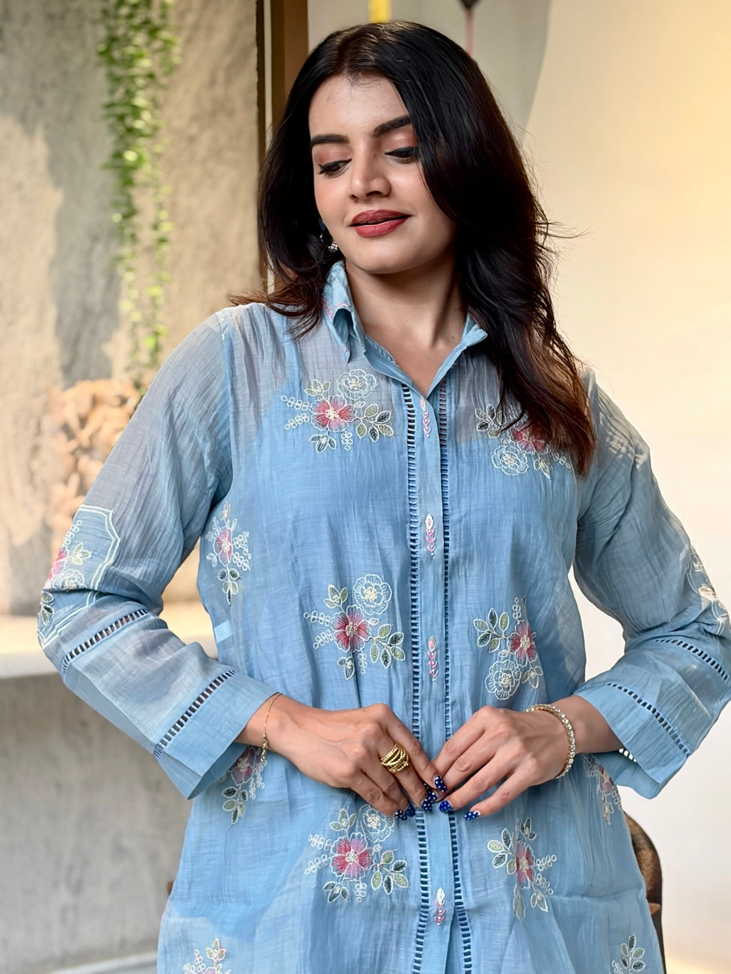 Powder Blue Floral Embroidered Shirt Coord Set