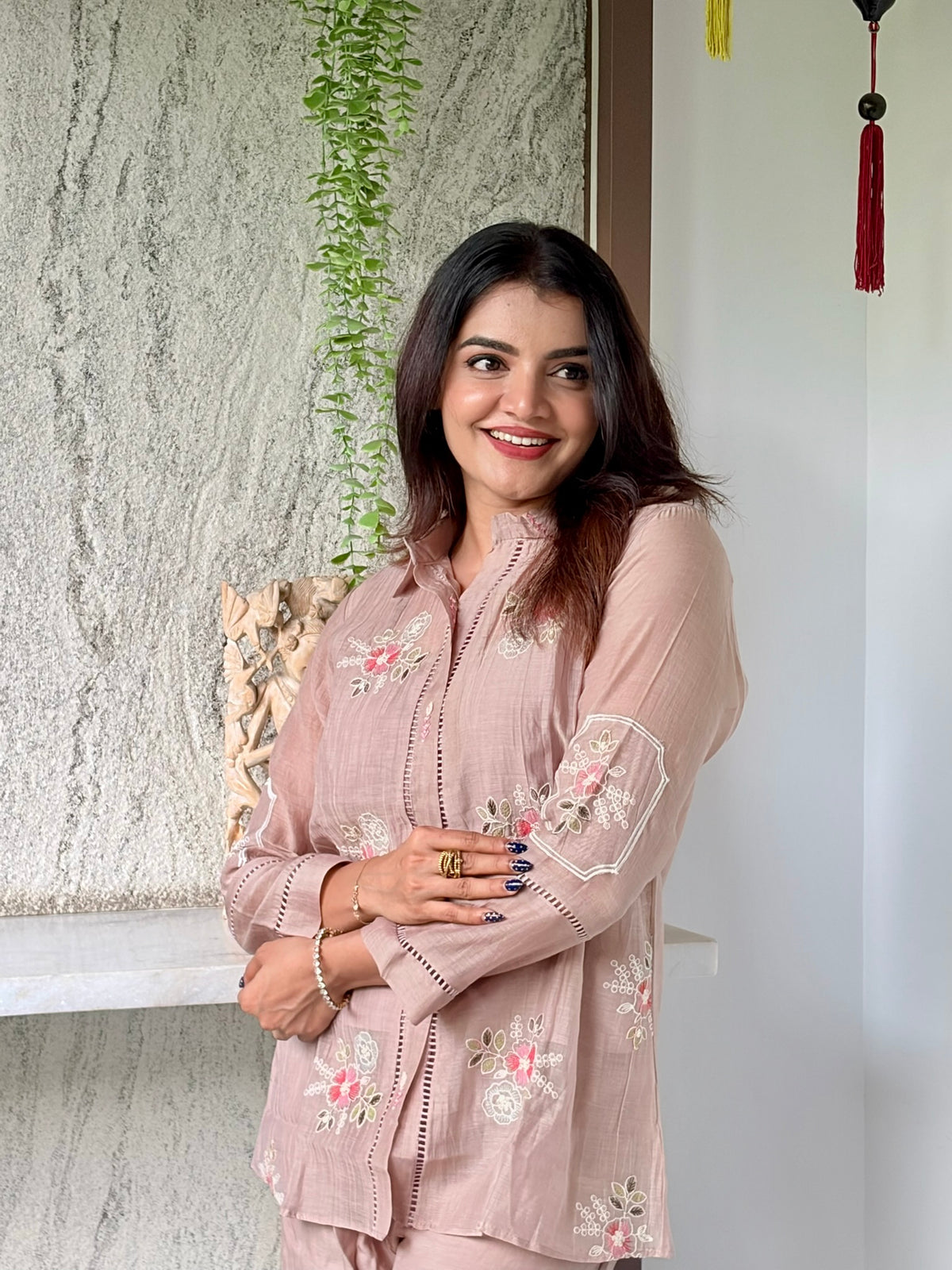Dusty Rose Floral Embroidered Shirt Coord Set