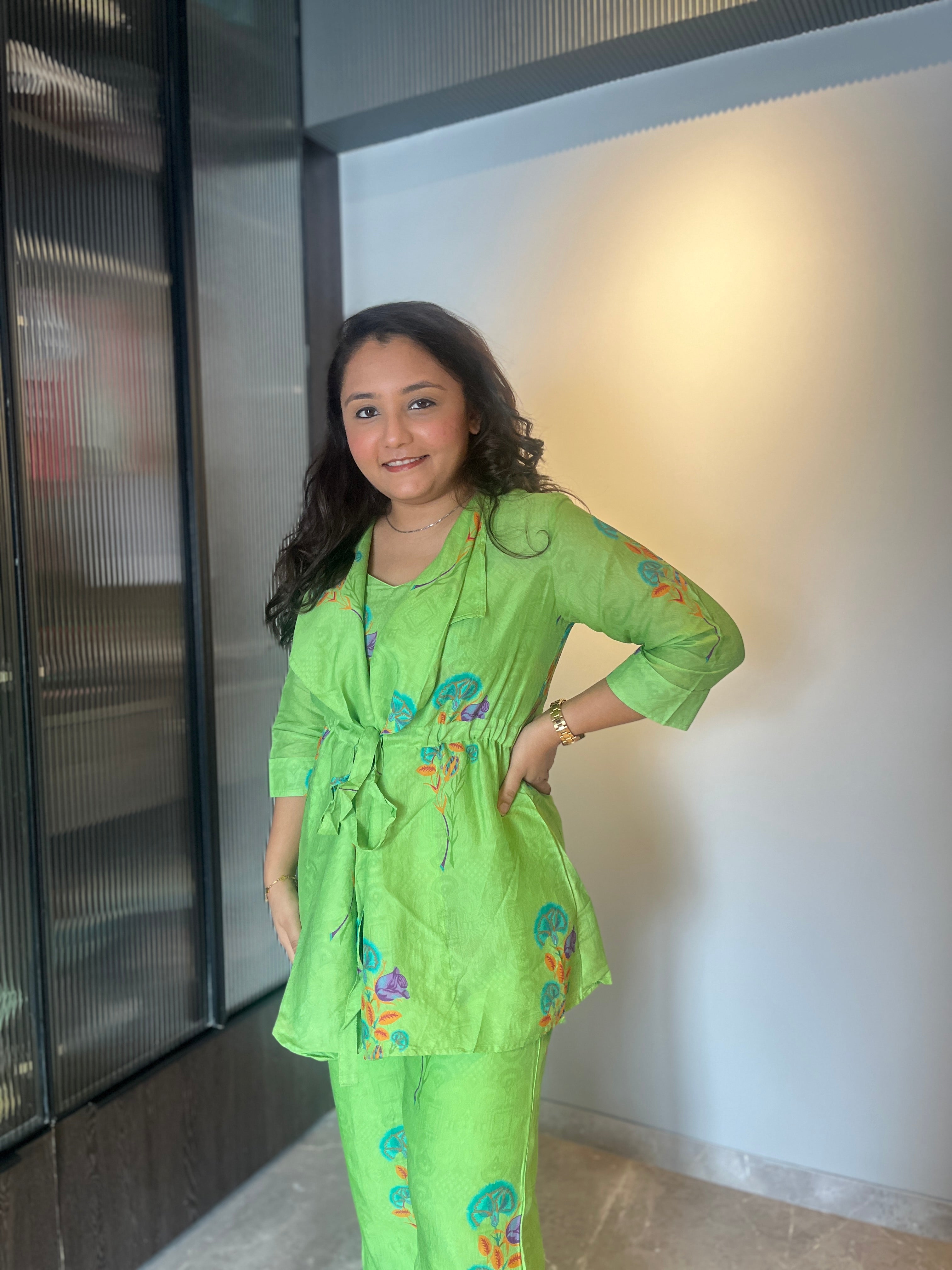 Green Floral Co-ord Set with Tie-Up Jacket