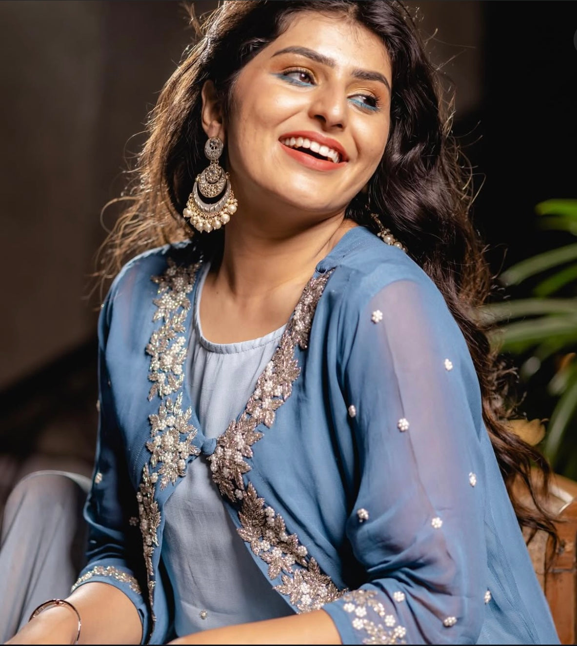 Blue Embellished 4-Piece Jacket Kurti Set with Dupatta & Pants