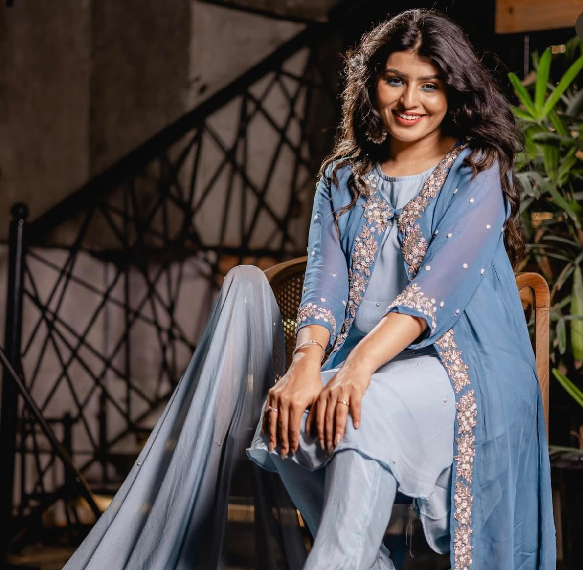 Blue Embellished 4-Piece Jacket Kurti Set with Dupatta & Pants