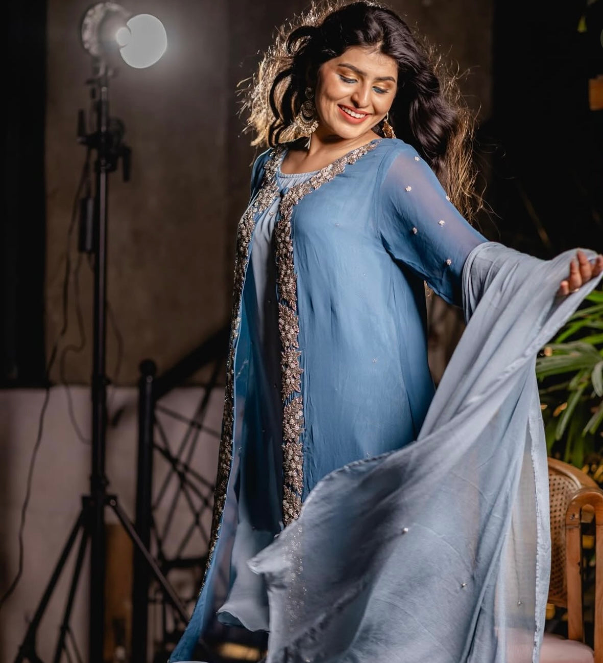 Blue Embellished 4-Piece Jacket Kurti Set with Dupatta & Pants