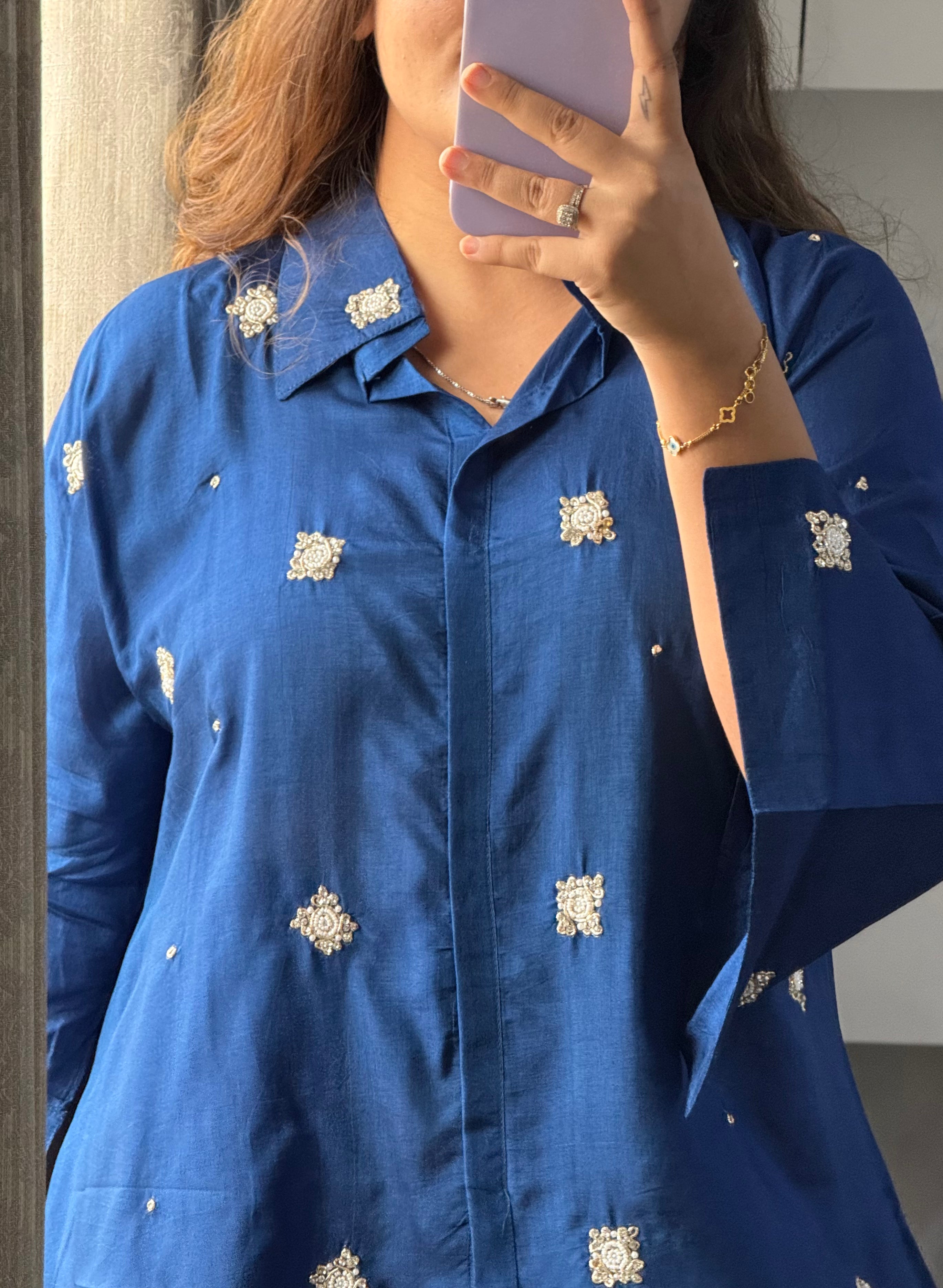 Minimal Work Cotton Silk Coord Set - Blue