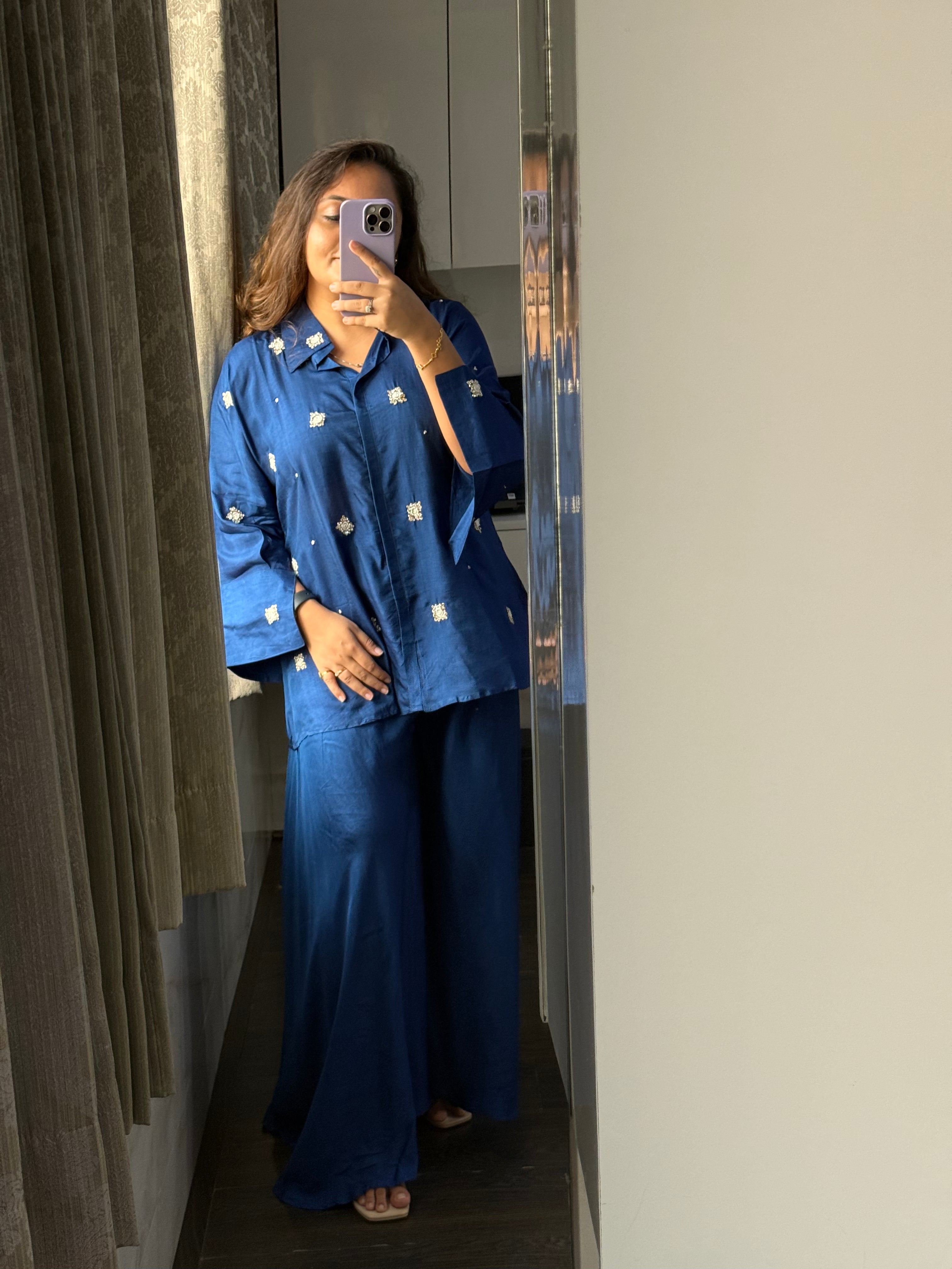 Minimal Work Cotton Silk Coord Set - Blue