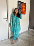 Turquoise Abstract Print Kaftan-Style Coord Set